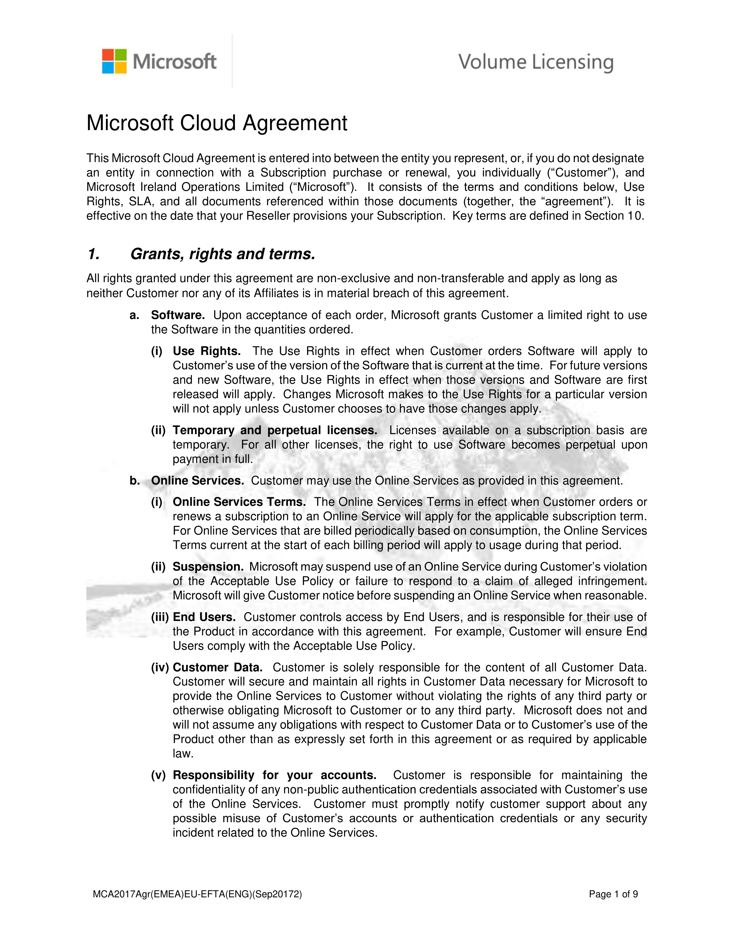 Microsoft Cloud Agreement — page 1