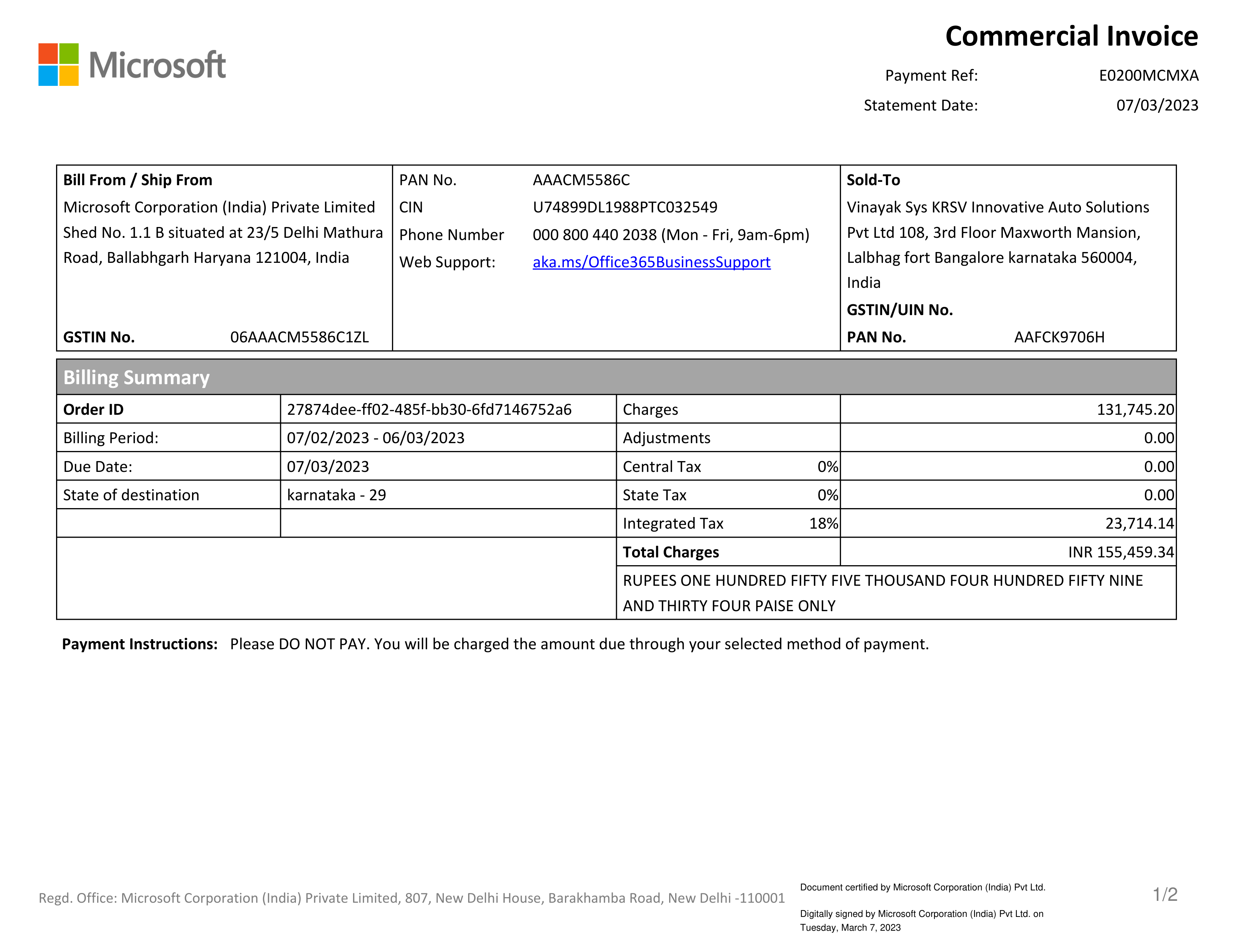 Microsoft Commercial Invoice — page 1
