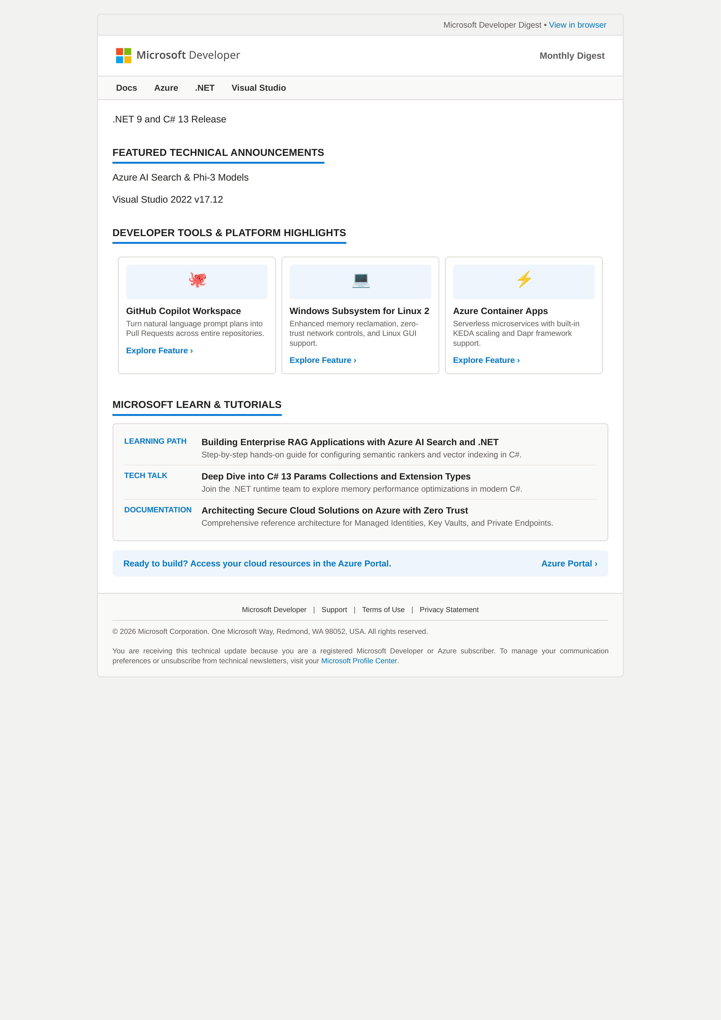 Microsoft Developer Email Newsletter — page 1