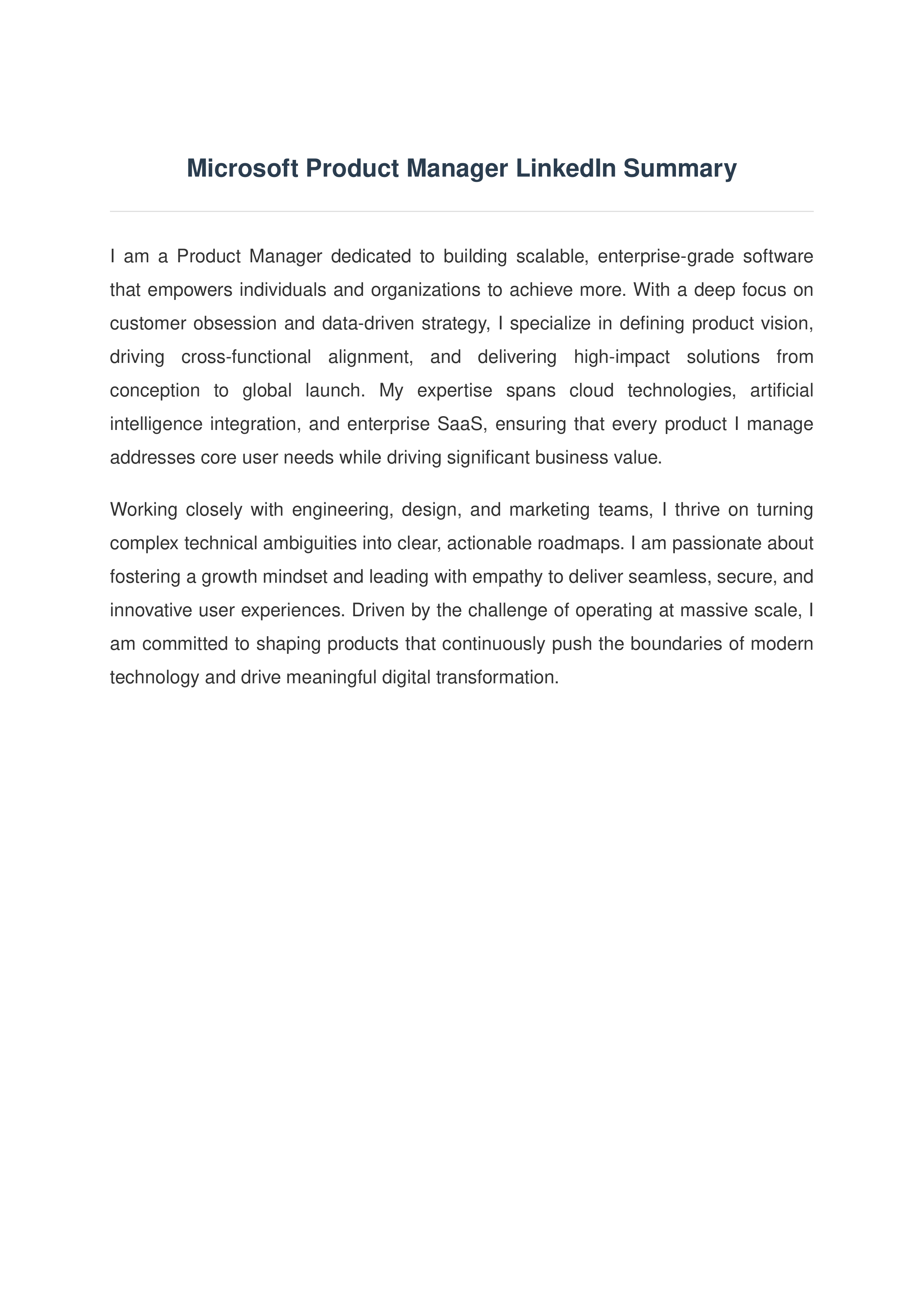 Microsoft Product Manager LinkedIn Summary — page 1