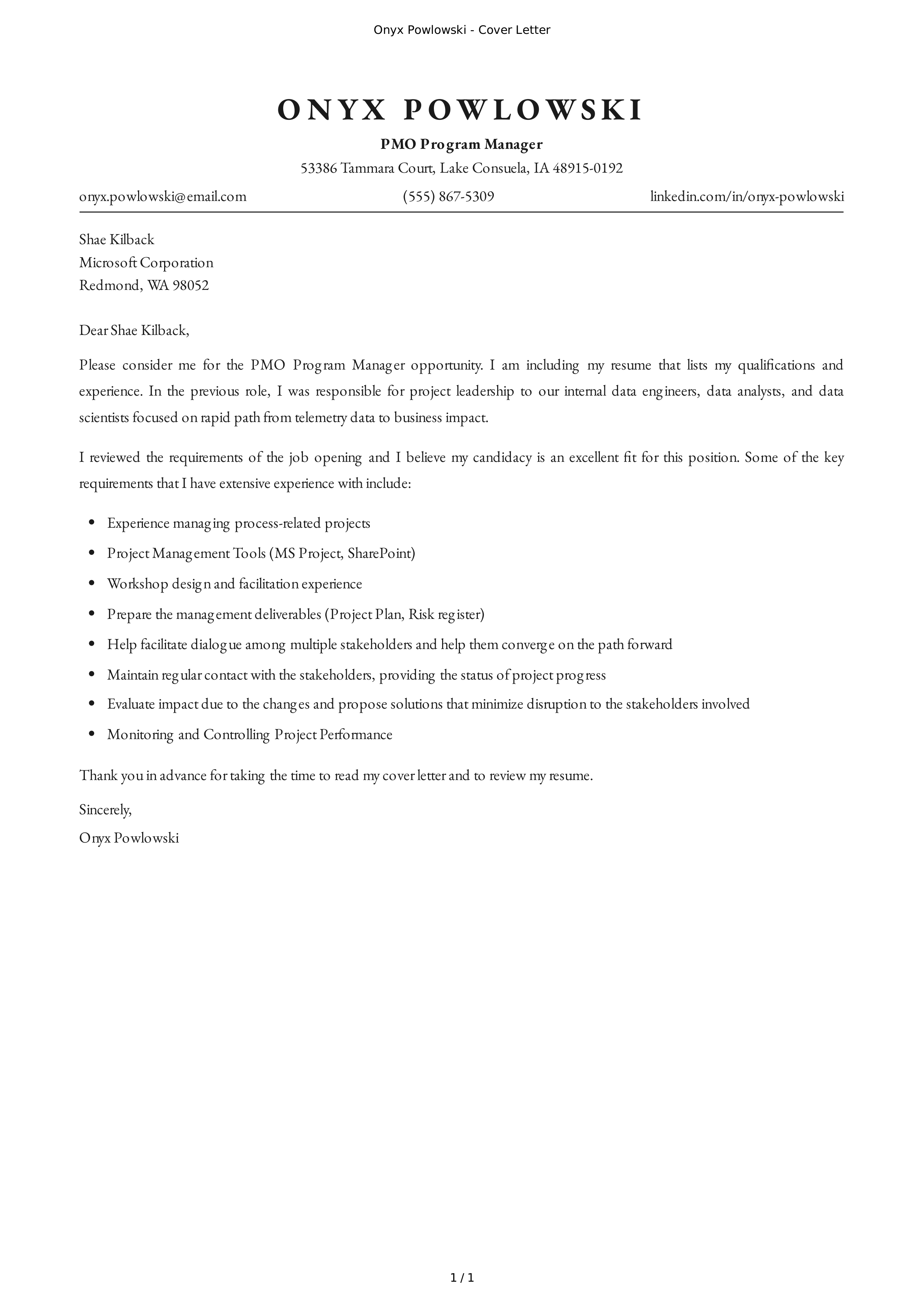 Microsoft Program Manager Cover Letter — page 1