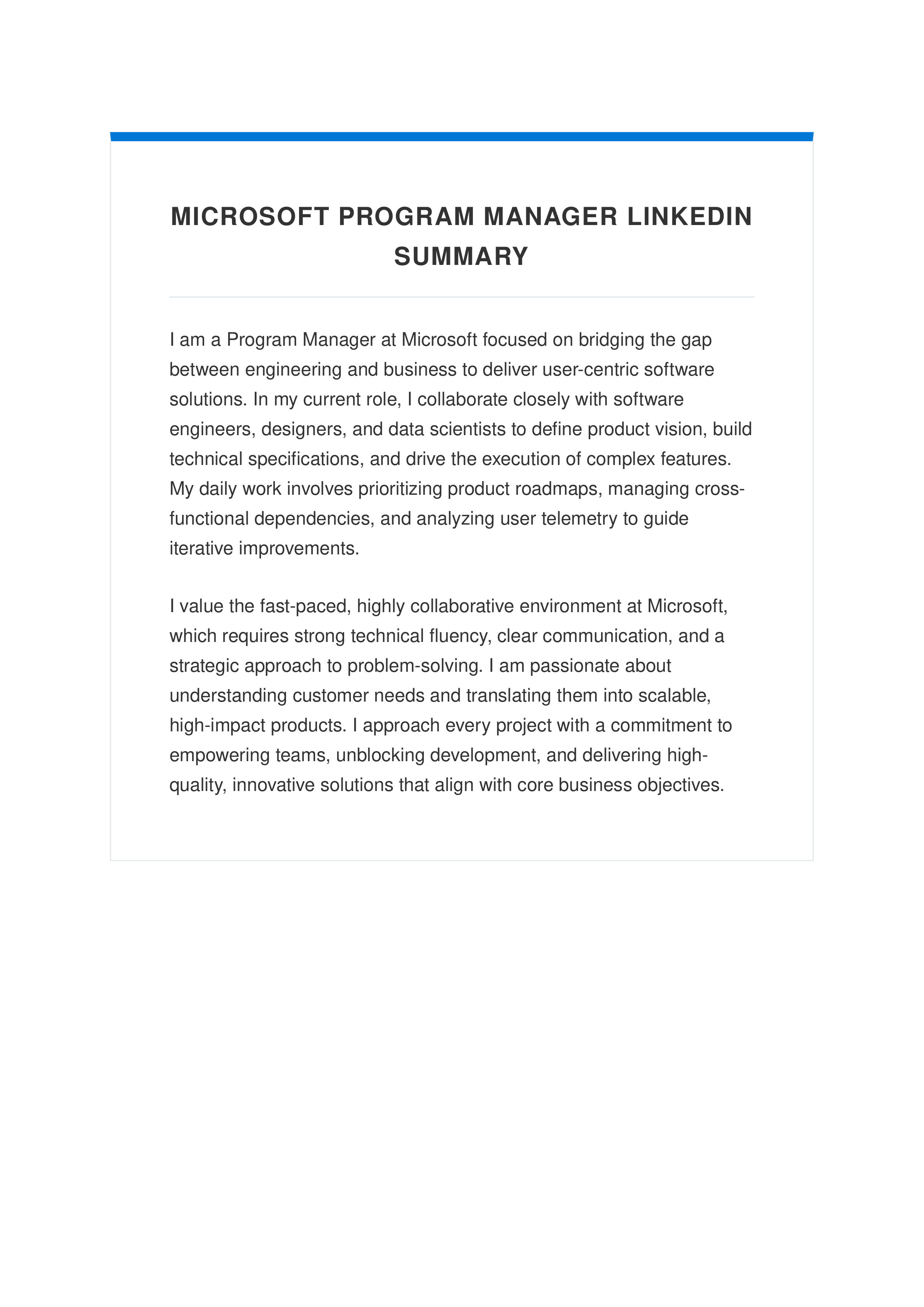 Microsoft Program Manager LinkedIn Summary — page 1