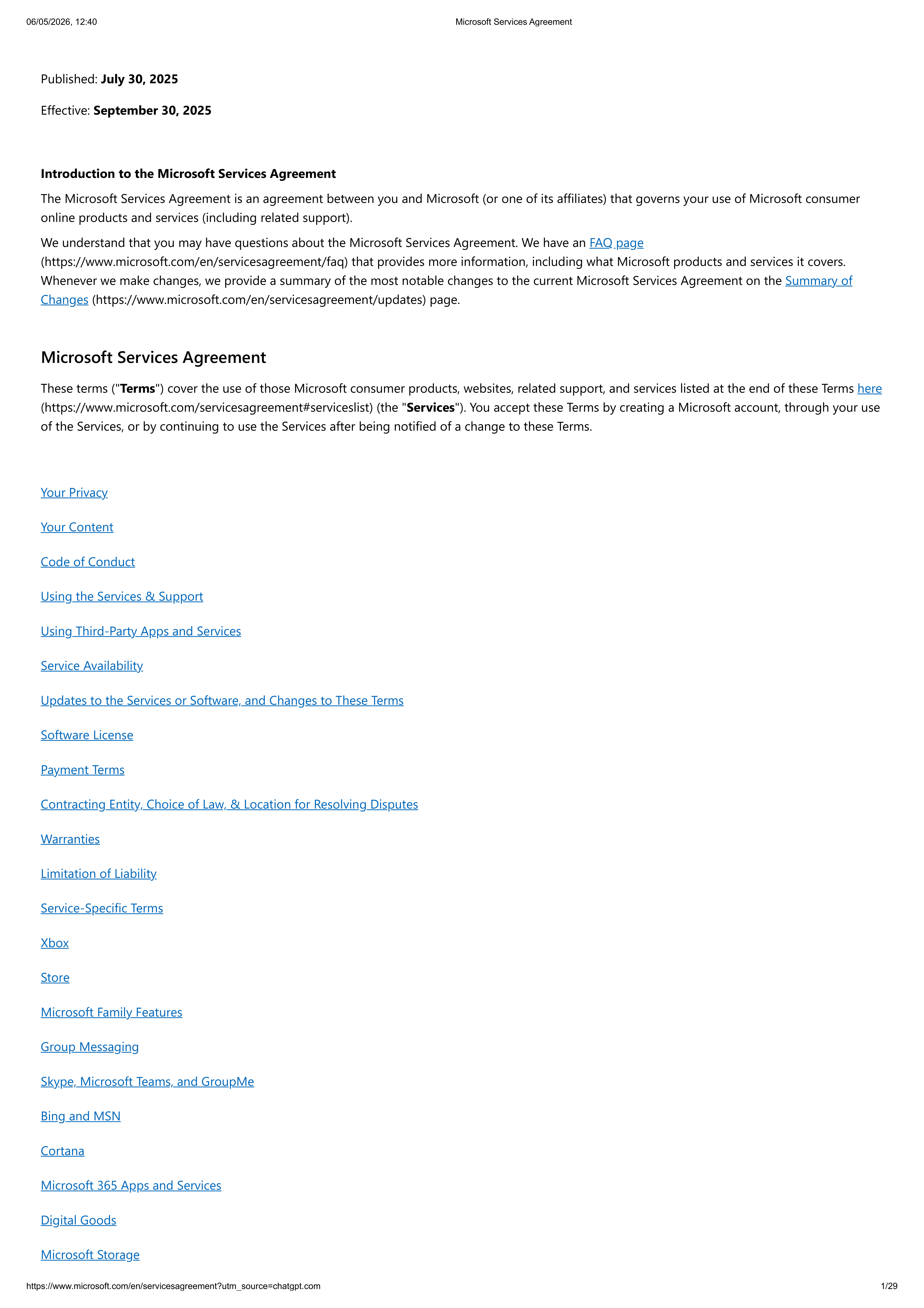 MICROSOFT SERVICE AGREEMENT — page 1