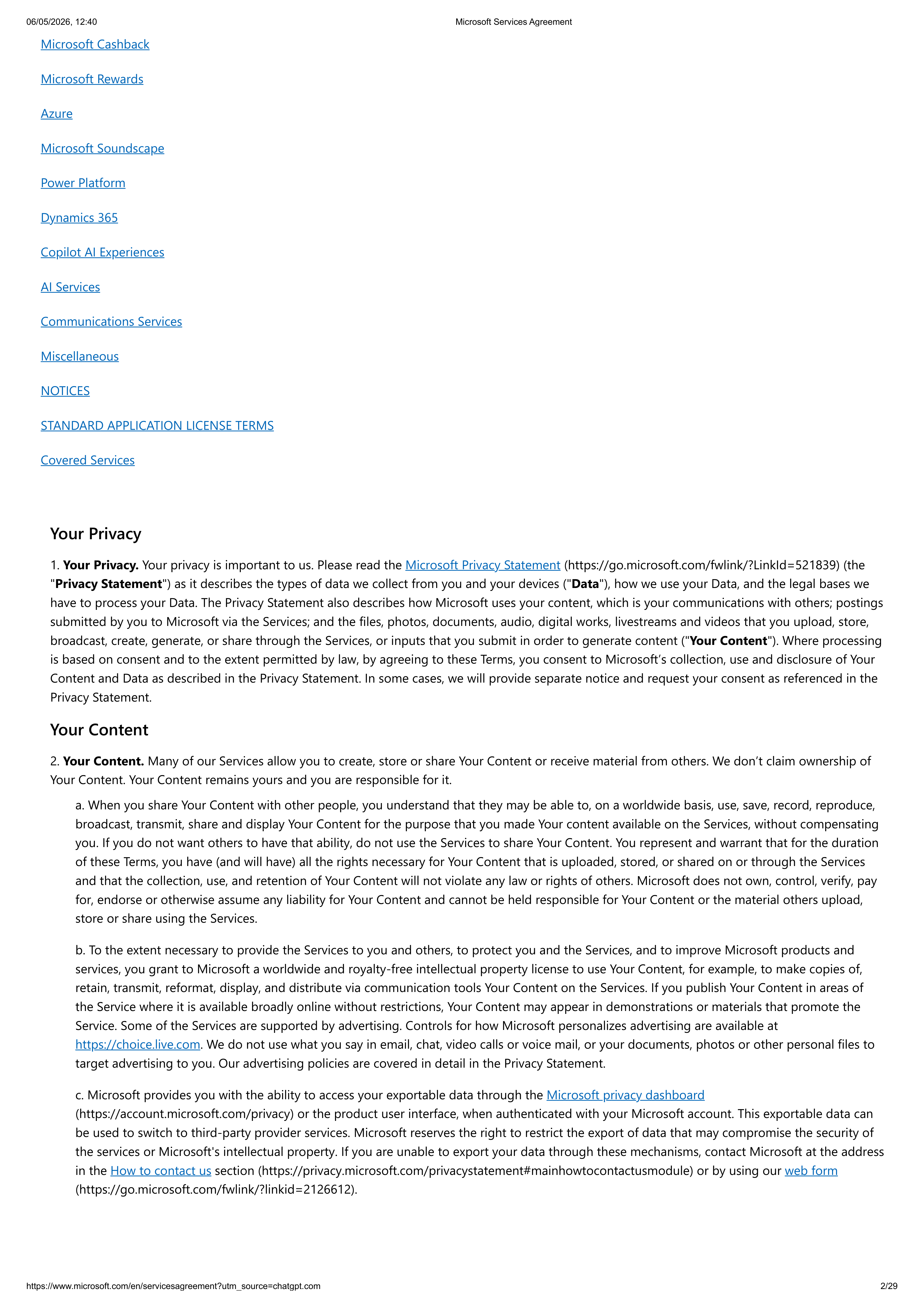 MICROSOFT SERVICE AGREEMENT — page 2