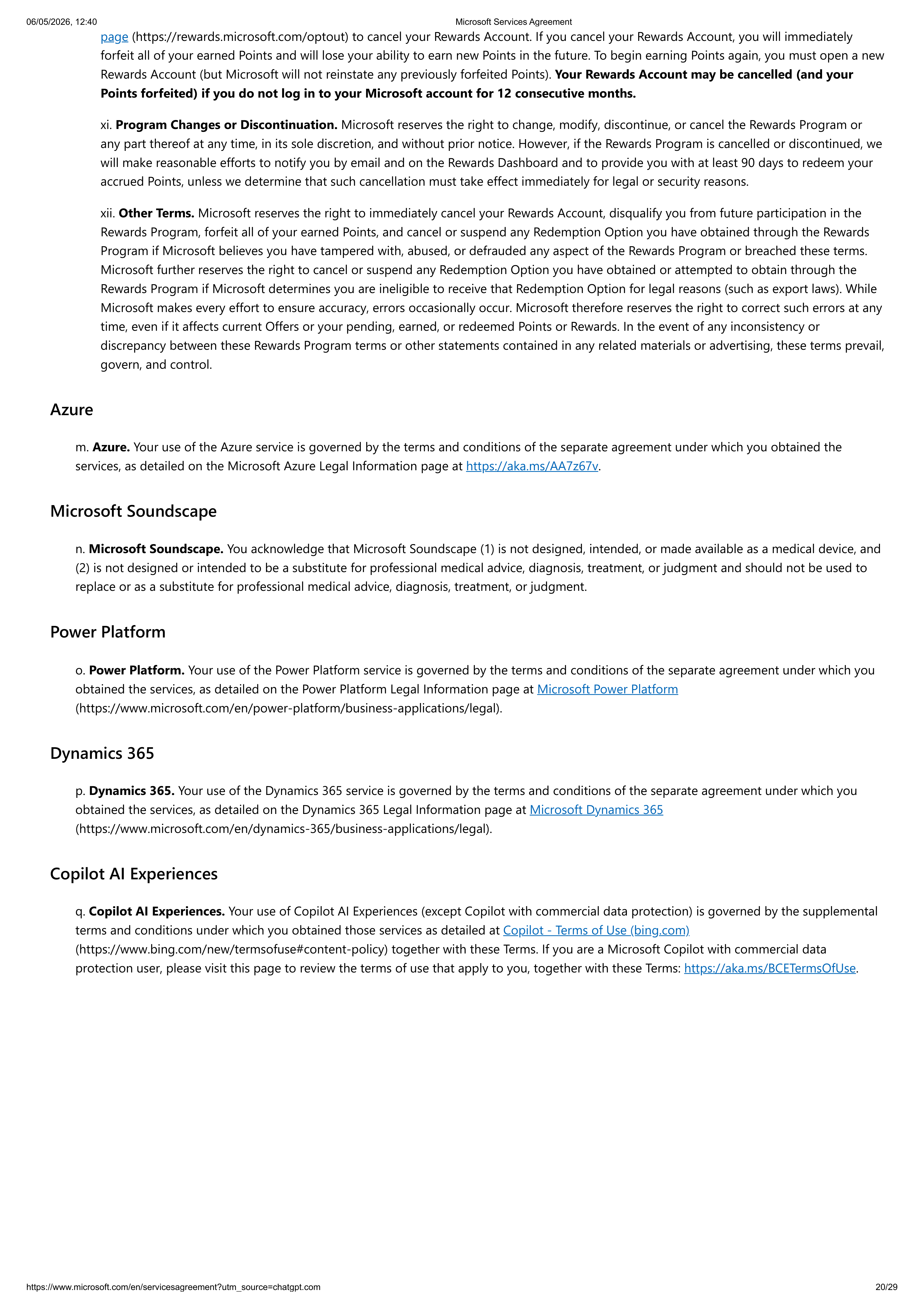 MICROSOFT SERVICE AGREEMENT — page 20