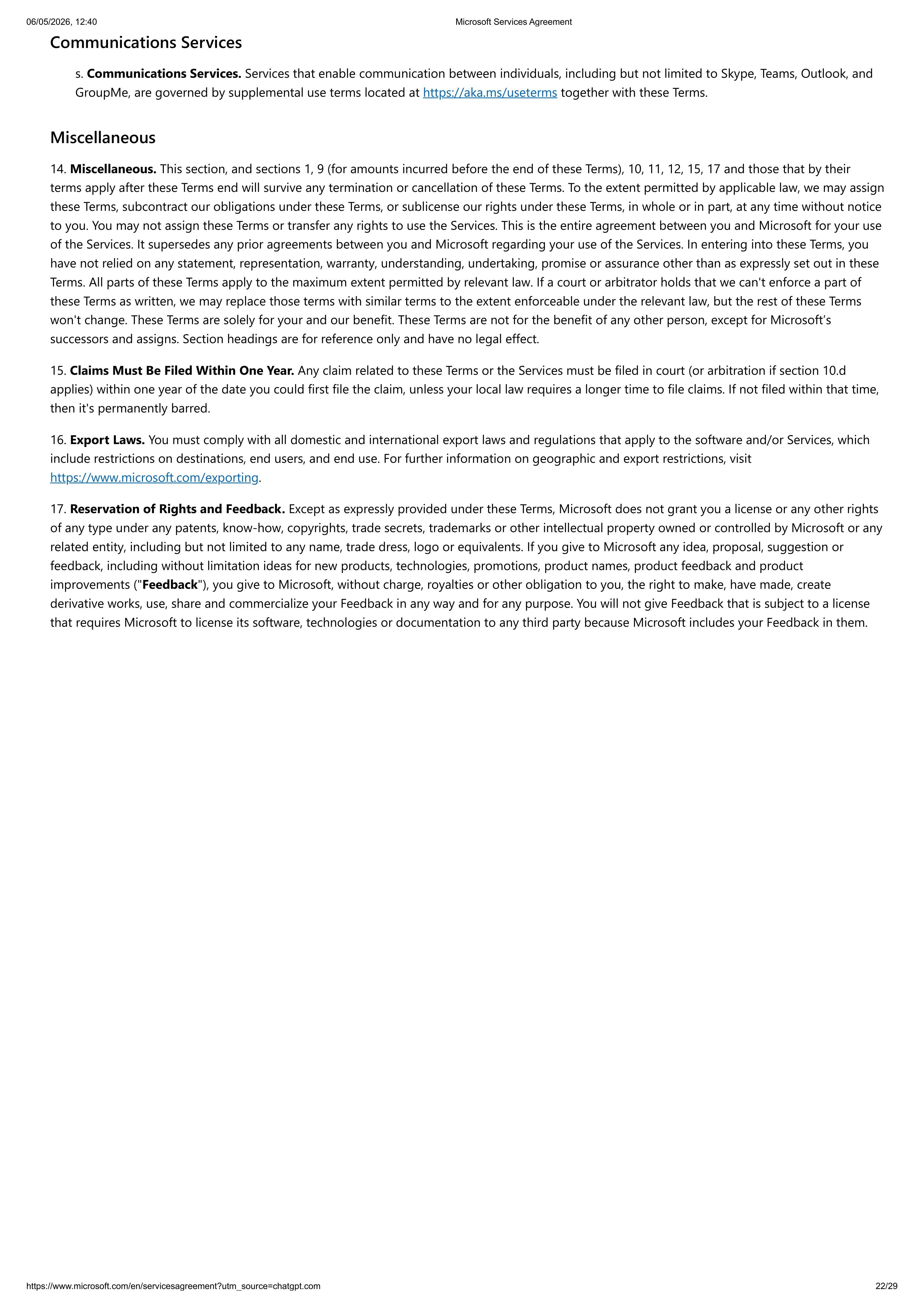 MICROSOFT SERVICE AGREEMENT — page 22