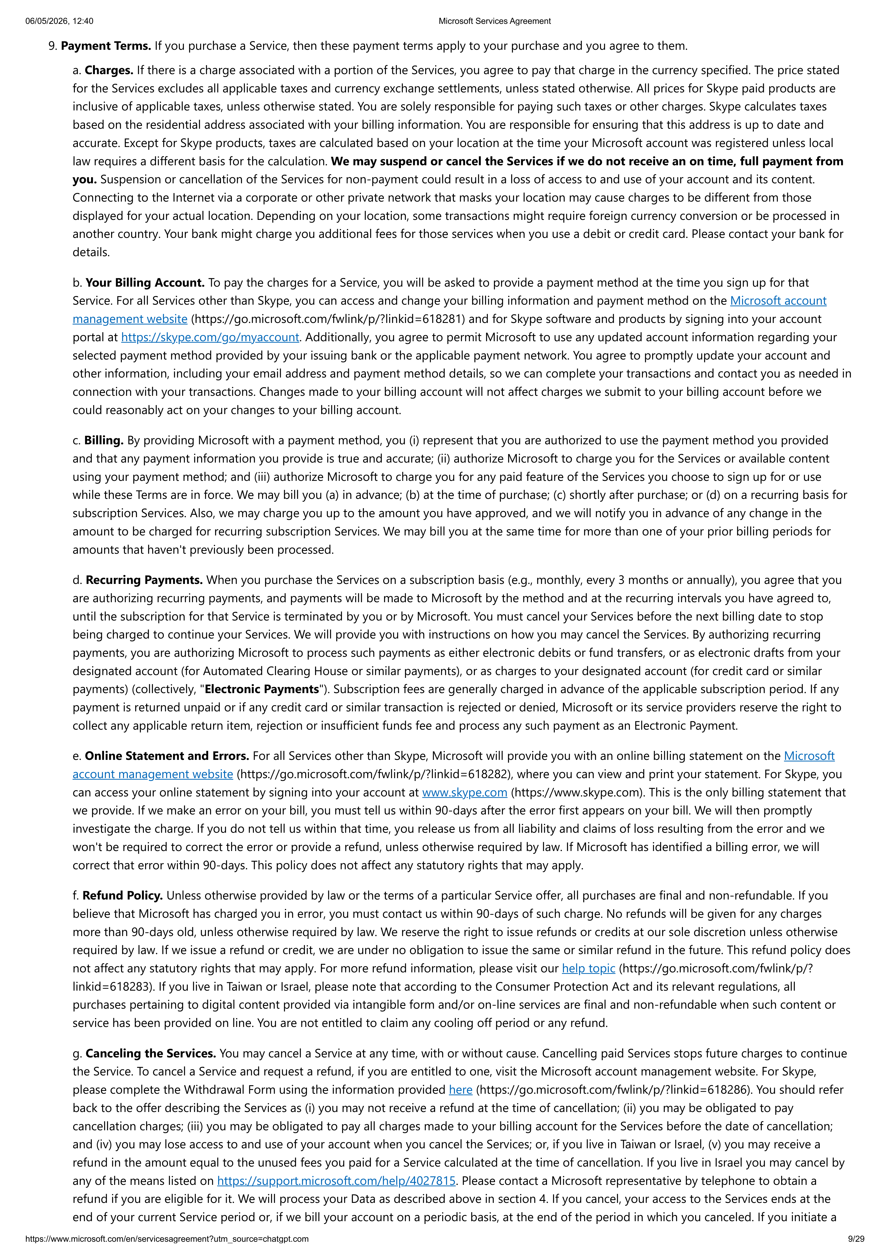 MICROSOFT SERVICE AGREEMENT — page 9