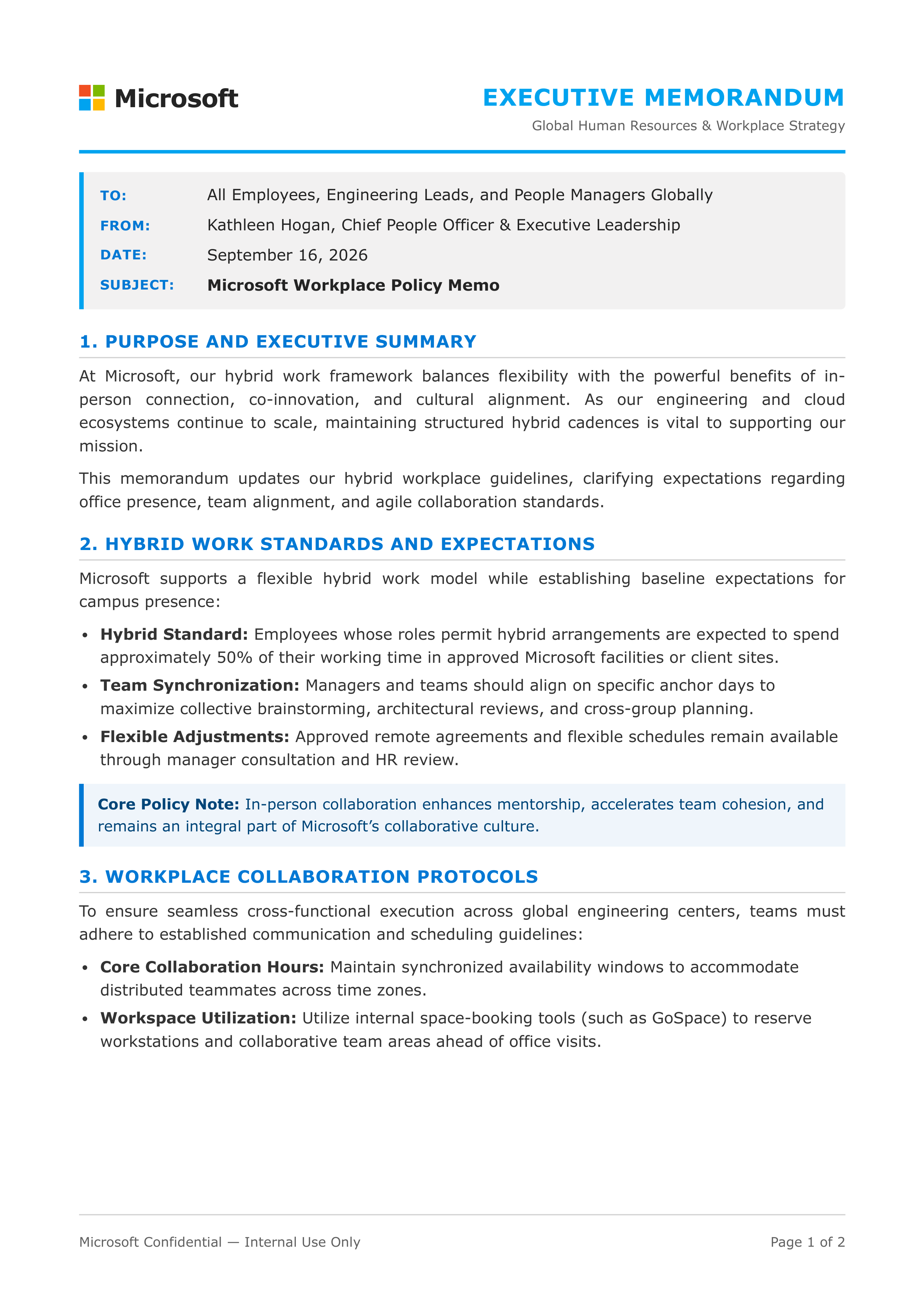 Microsoft Workplace Policy Memo — page 1