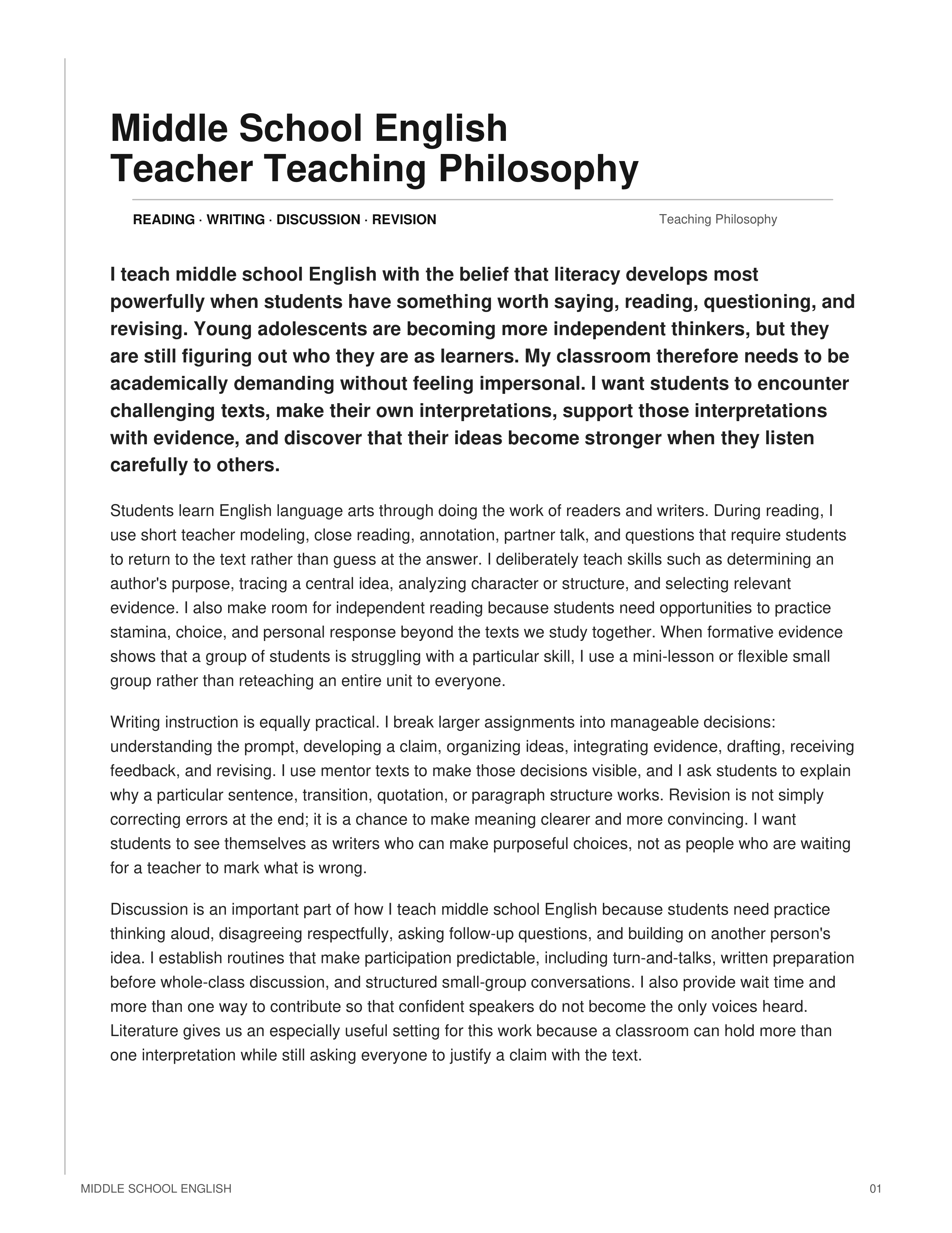 Middle School English Teacher Teaching Philosophy — page 1