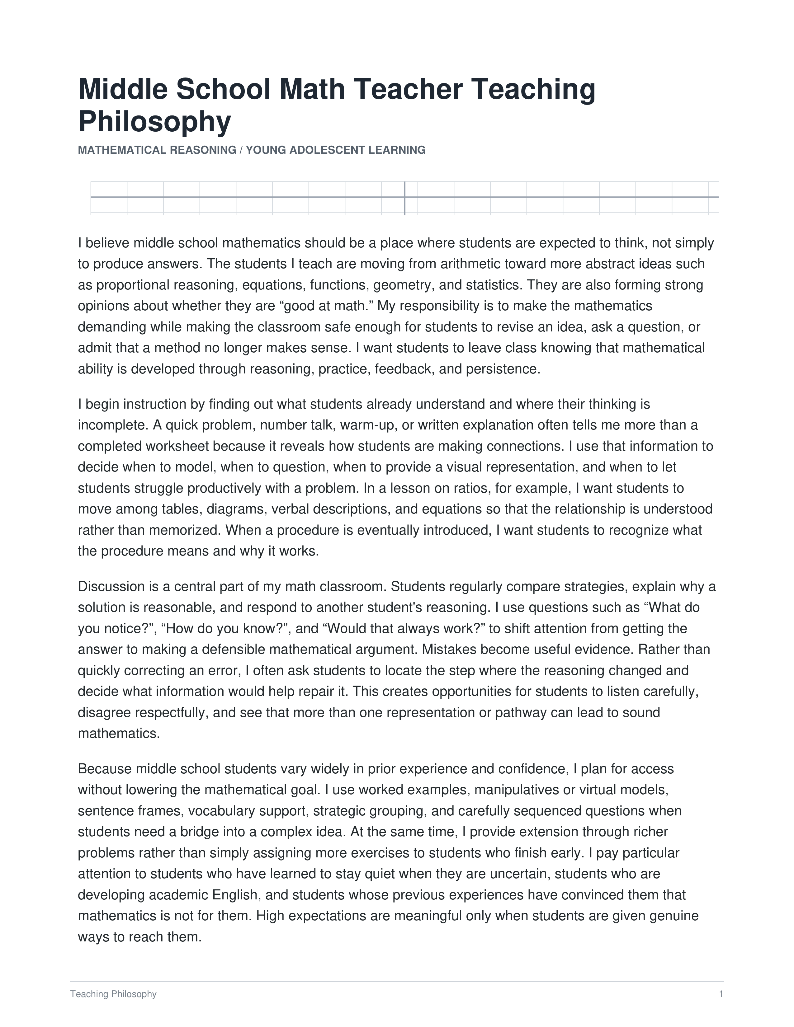 Middle School Math Teacher Teaching Philosophy — page 1