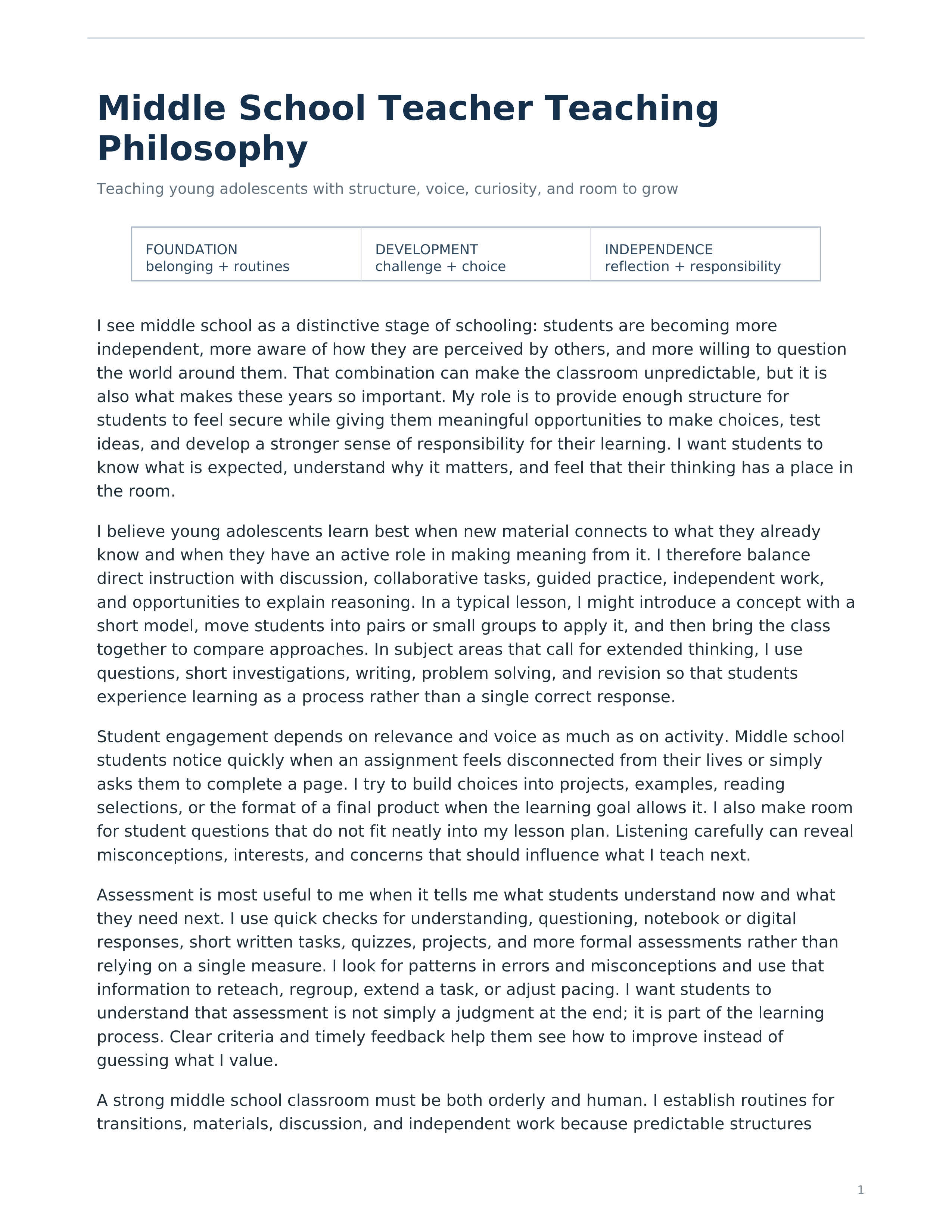 Middle School Teacher Teaching Philosophy — page 1