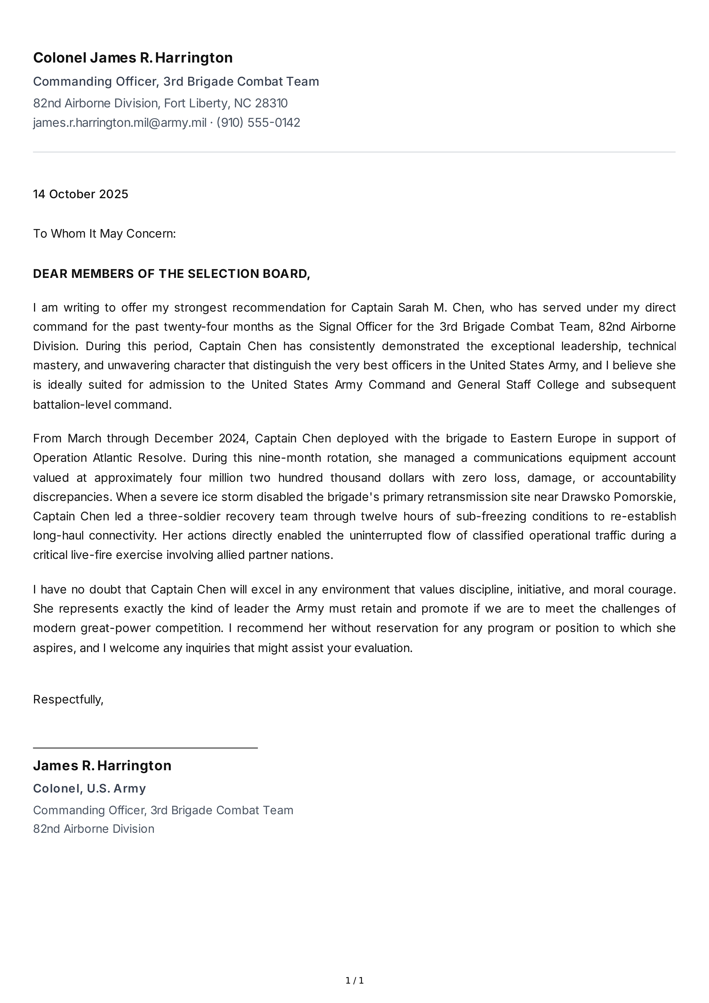 Military Reference Letter — page 1