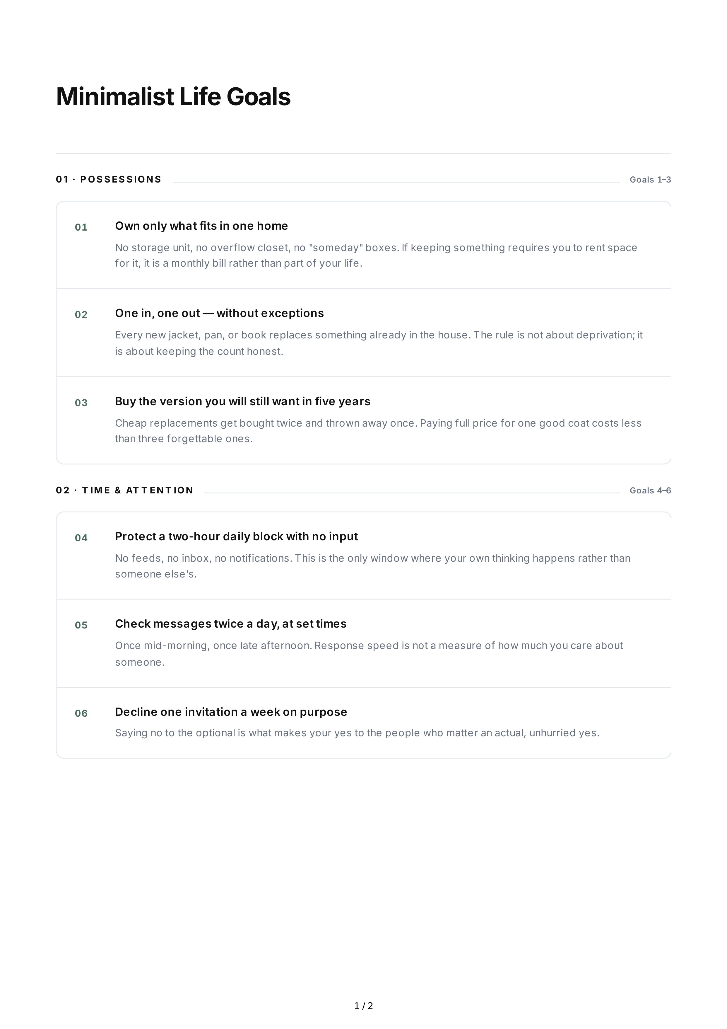 Minimalist Lifestyle Life Goals — page 1