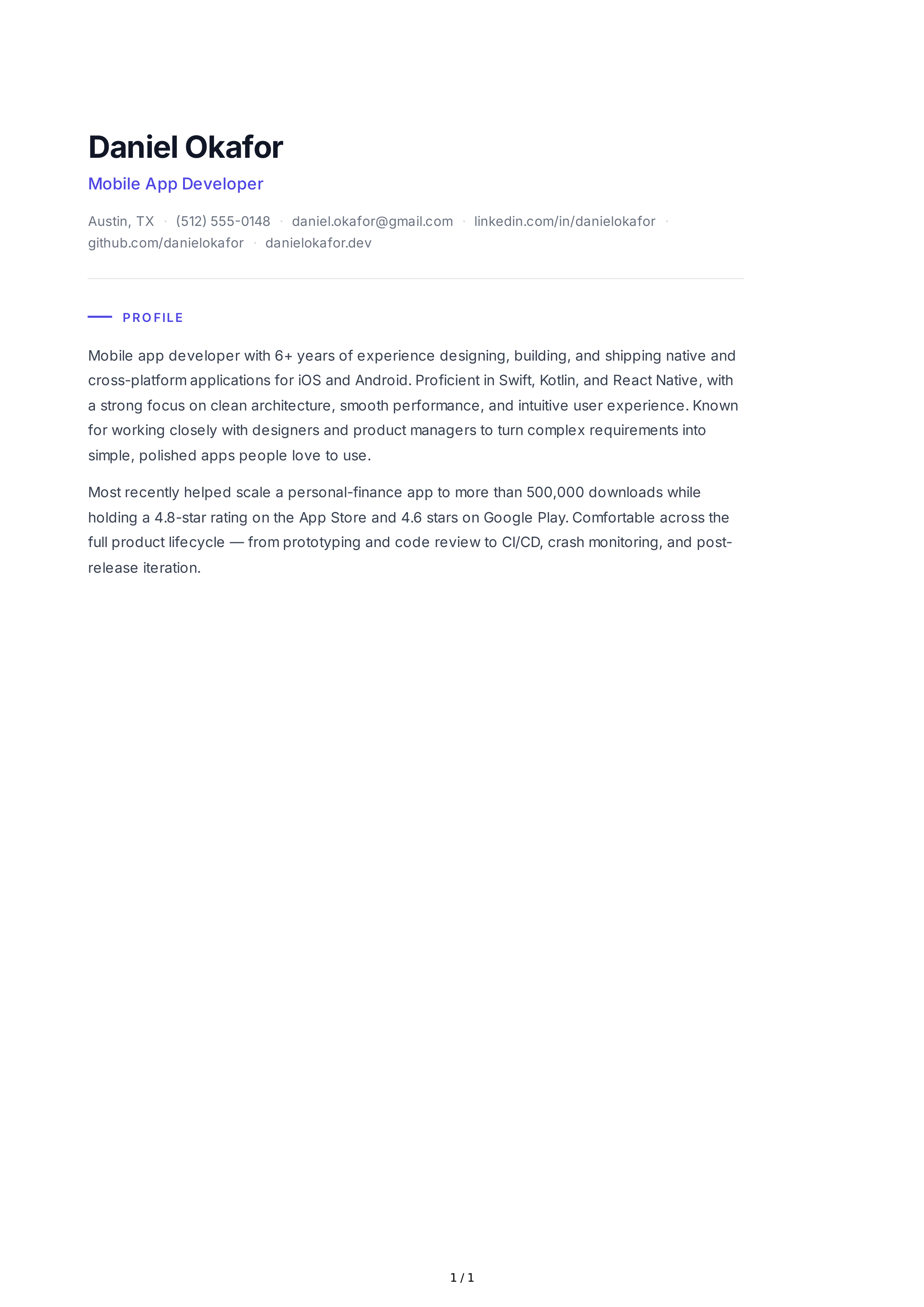 Mobile App Developer Resume Profile — page 1
