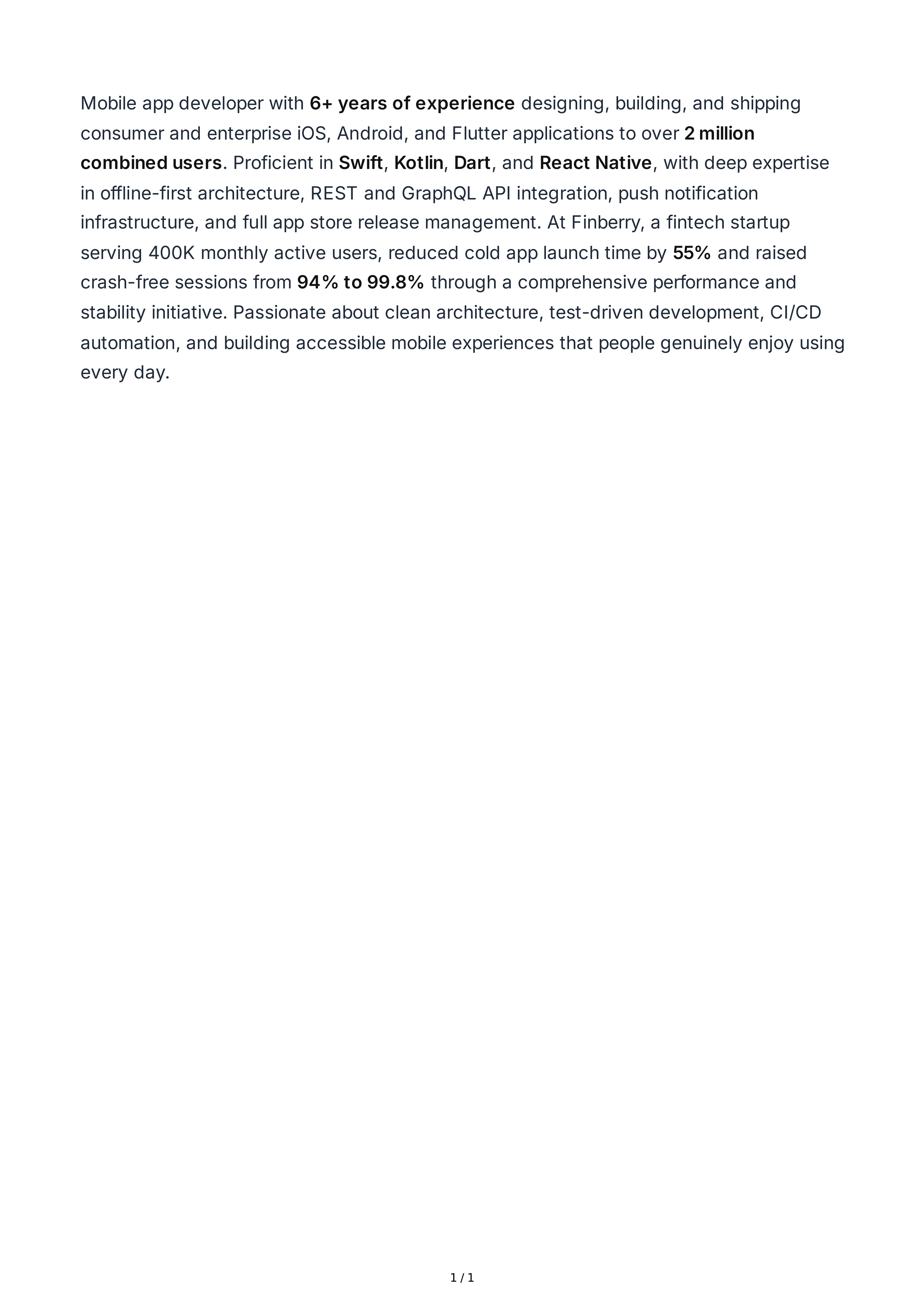 Mobile App Developer Resume Summary — page 1