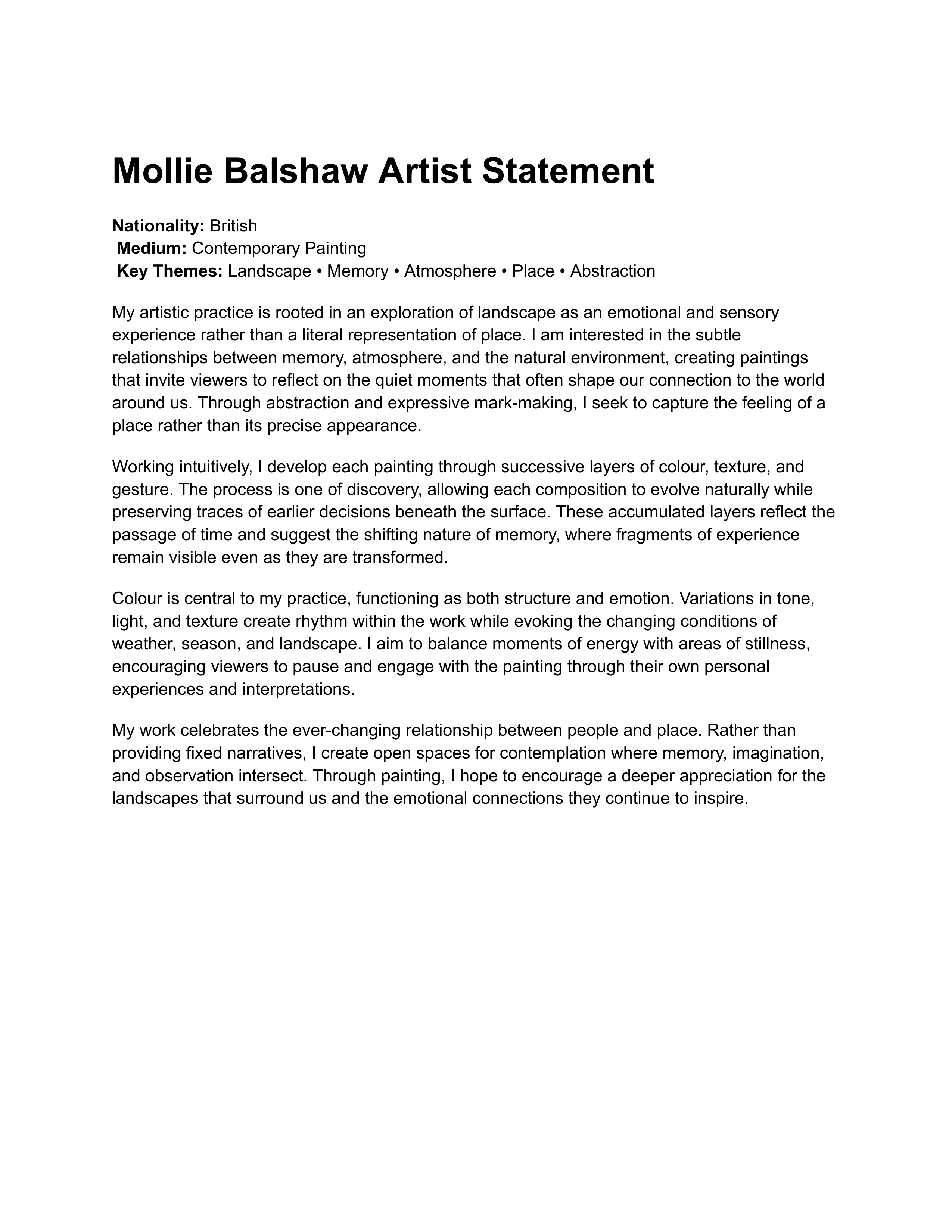 Mollie Balshaw Artist Statement — page 1