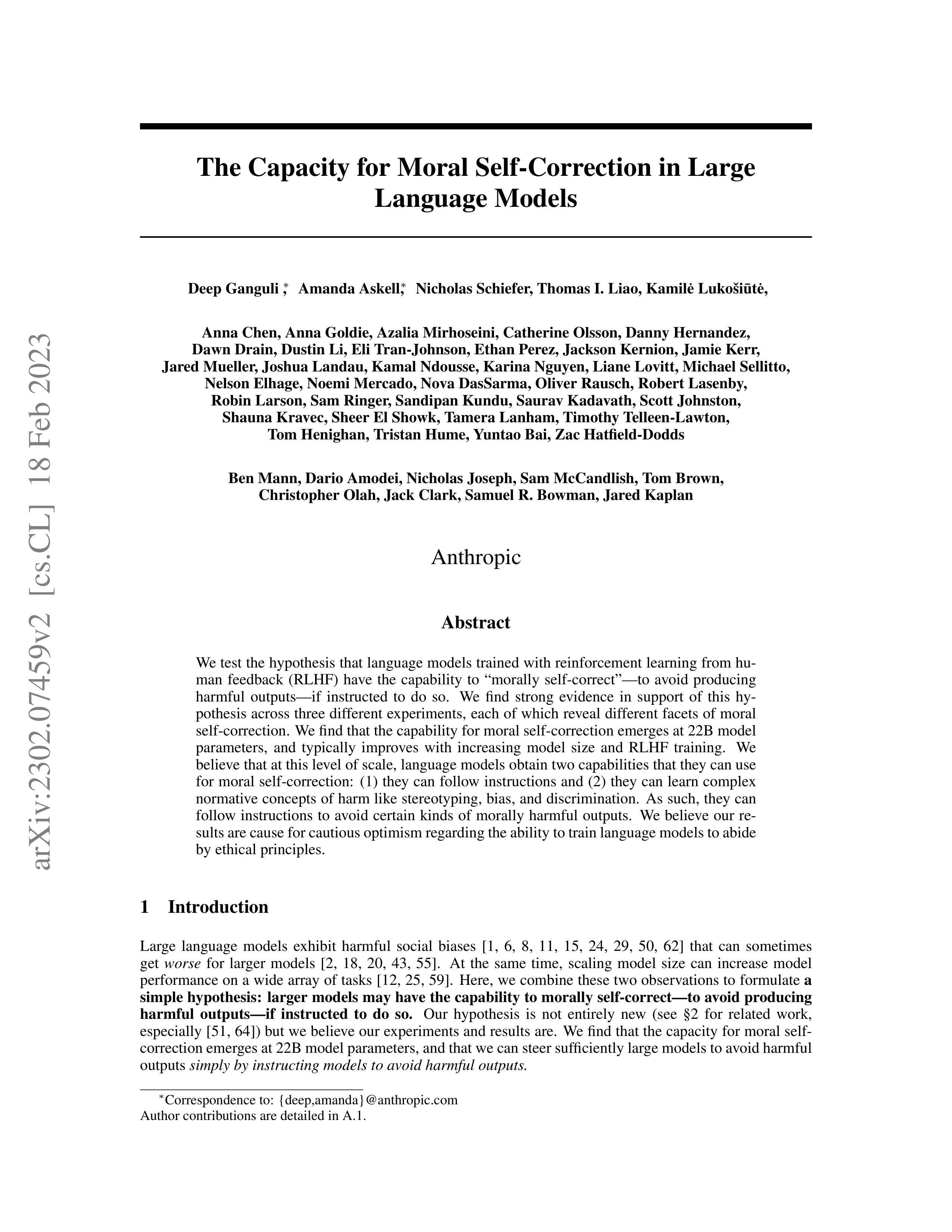 Moral Self-Correction Research Paper by Anthropic — page 1