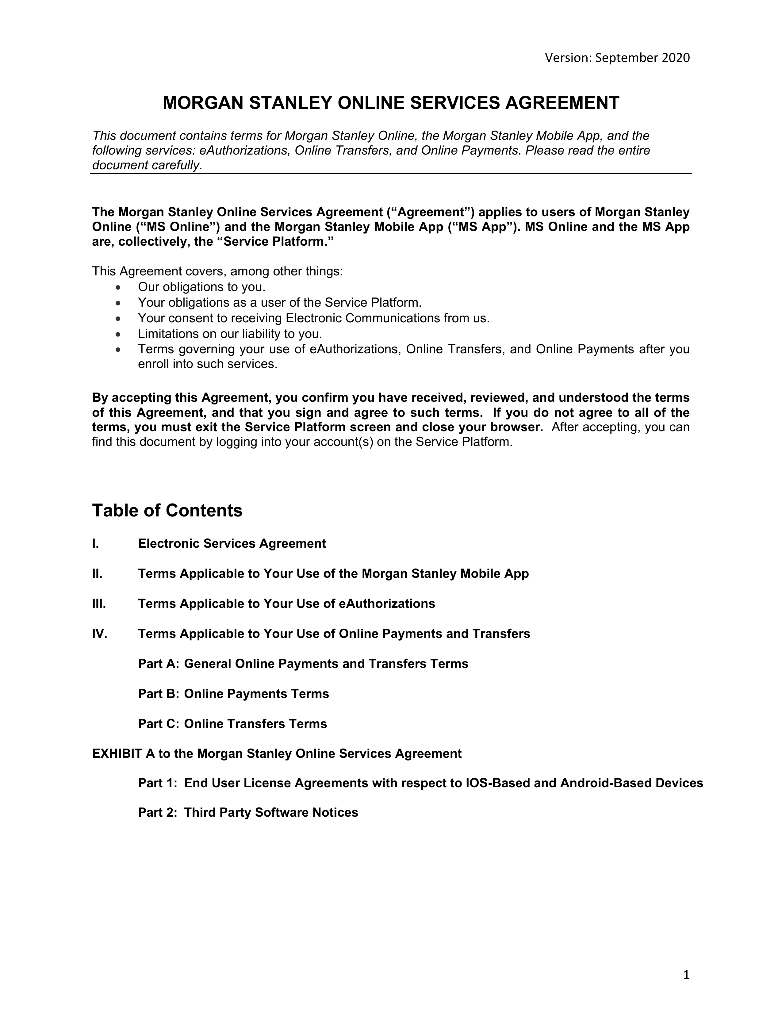Morgan Stanley Online Services Agreement — page 1