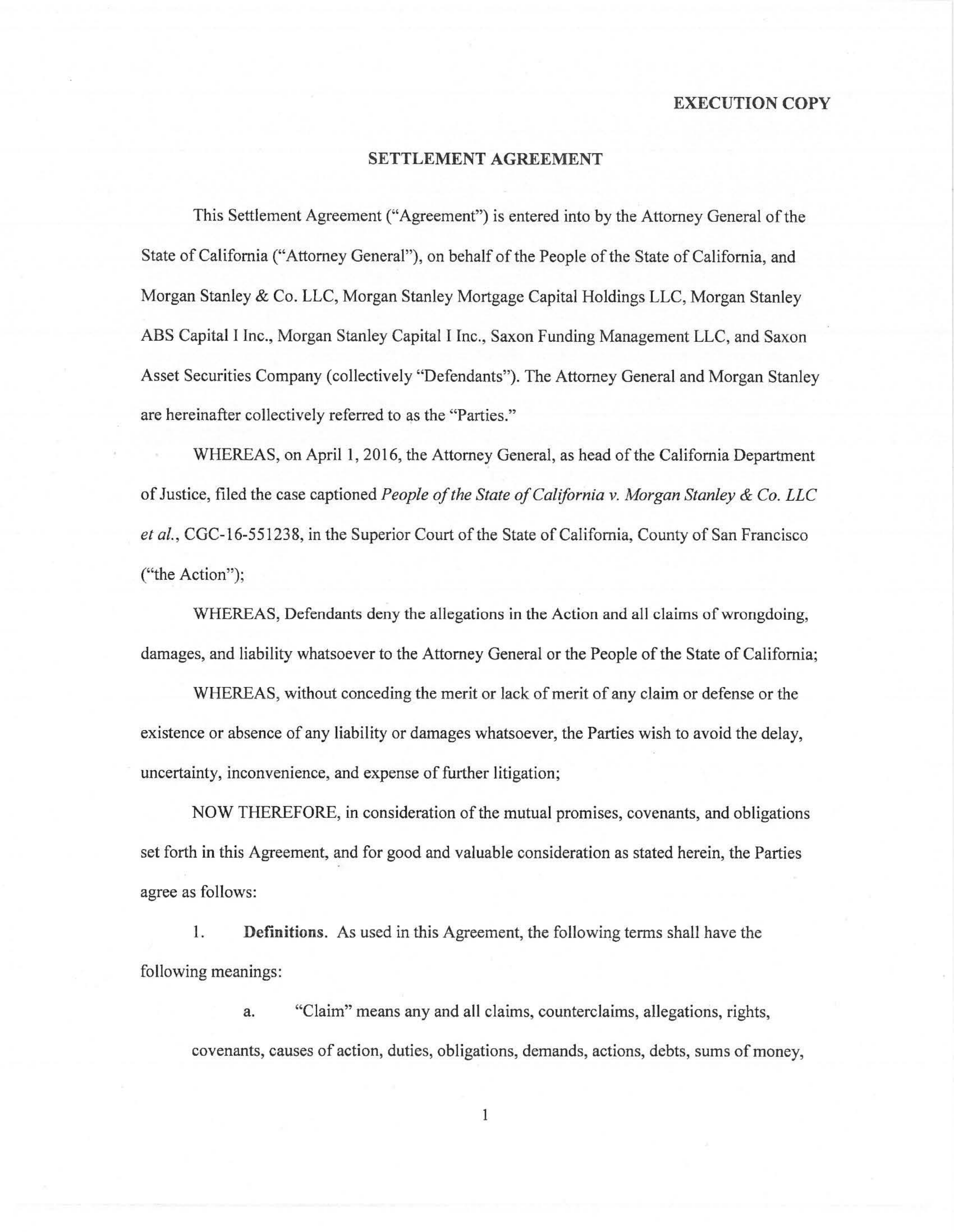 Morgan Stanley Settlement Agreement — page 1