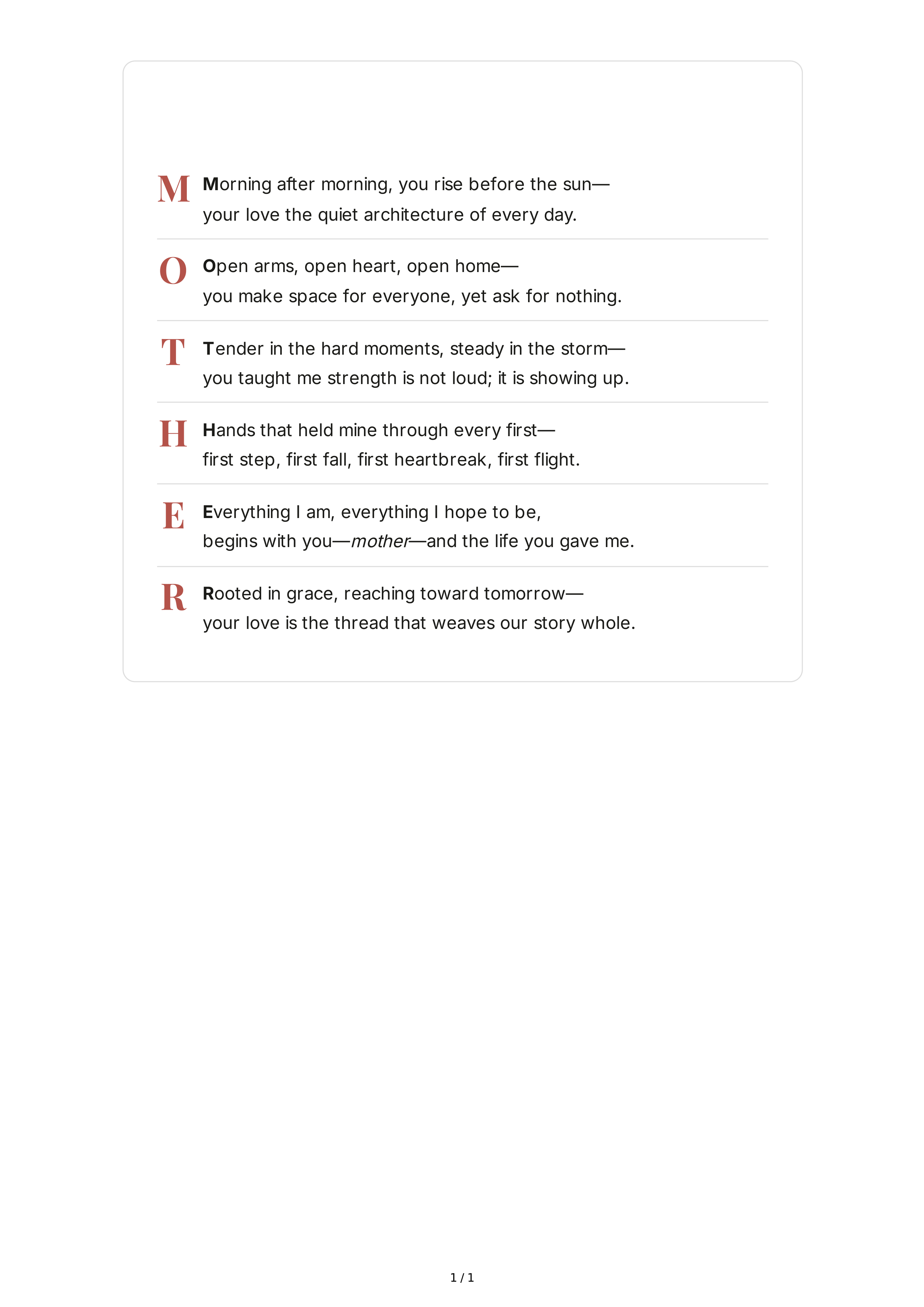 Mother Acrostic Poem — page 1