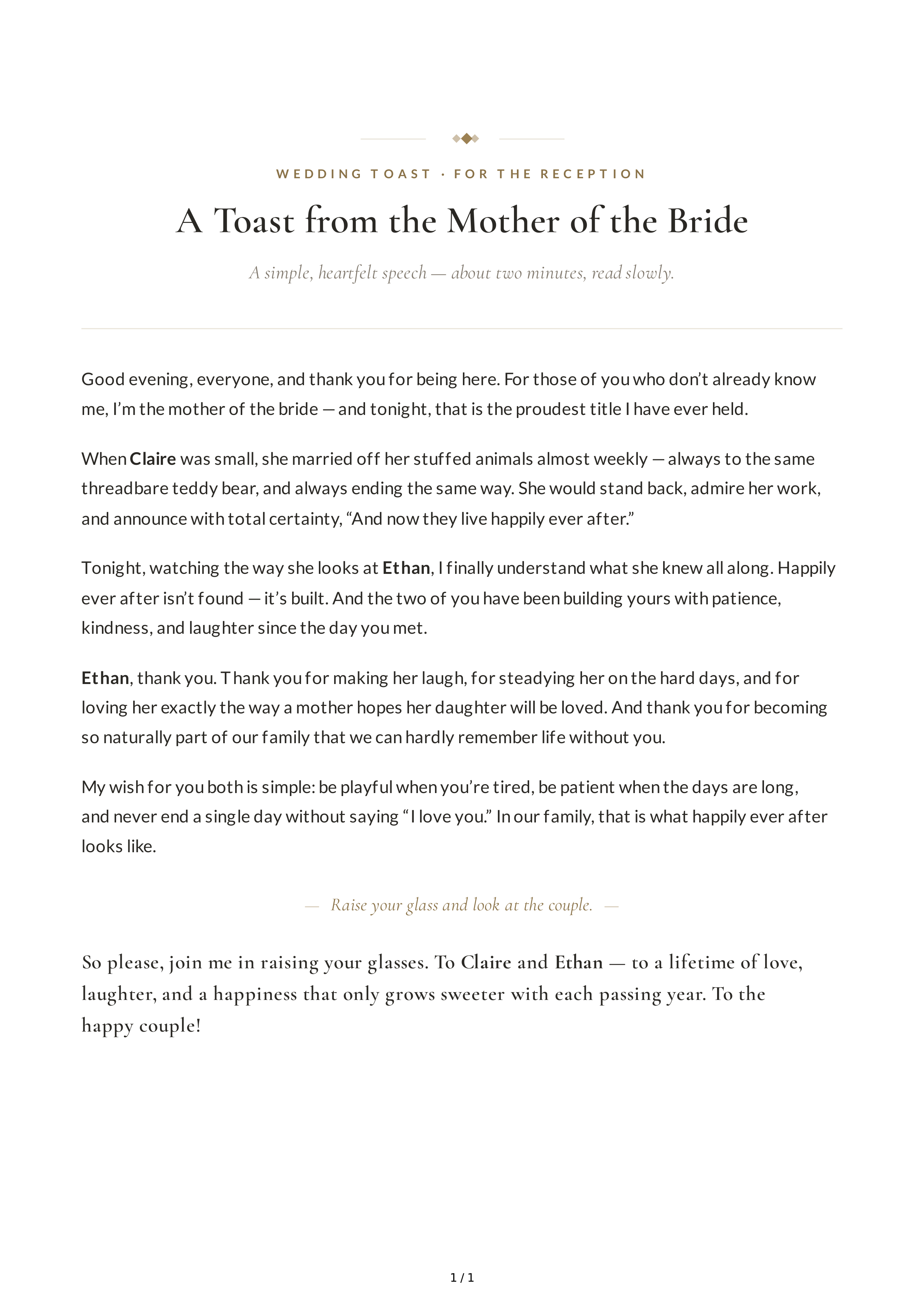 Mother of the Bride Wedding Toast — page 1