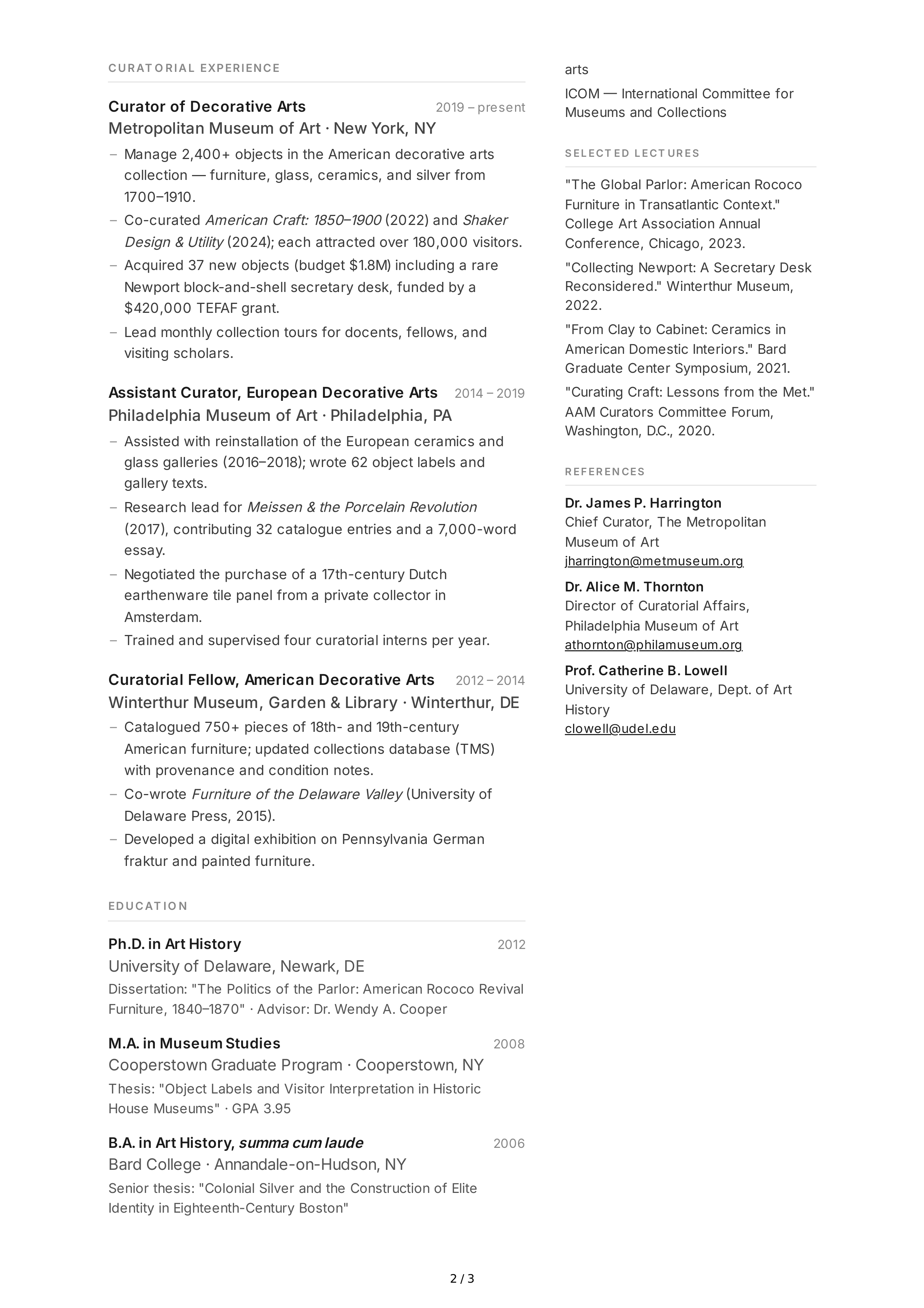 Museum Curator CV — page 2