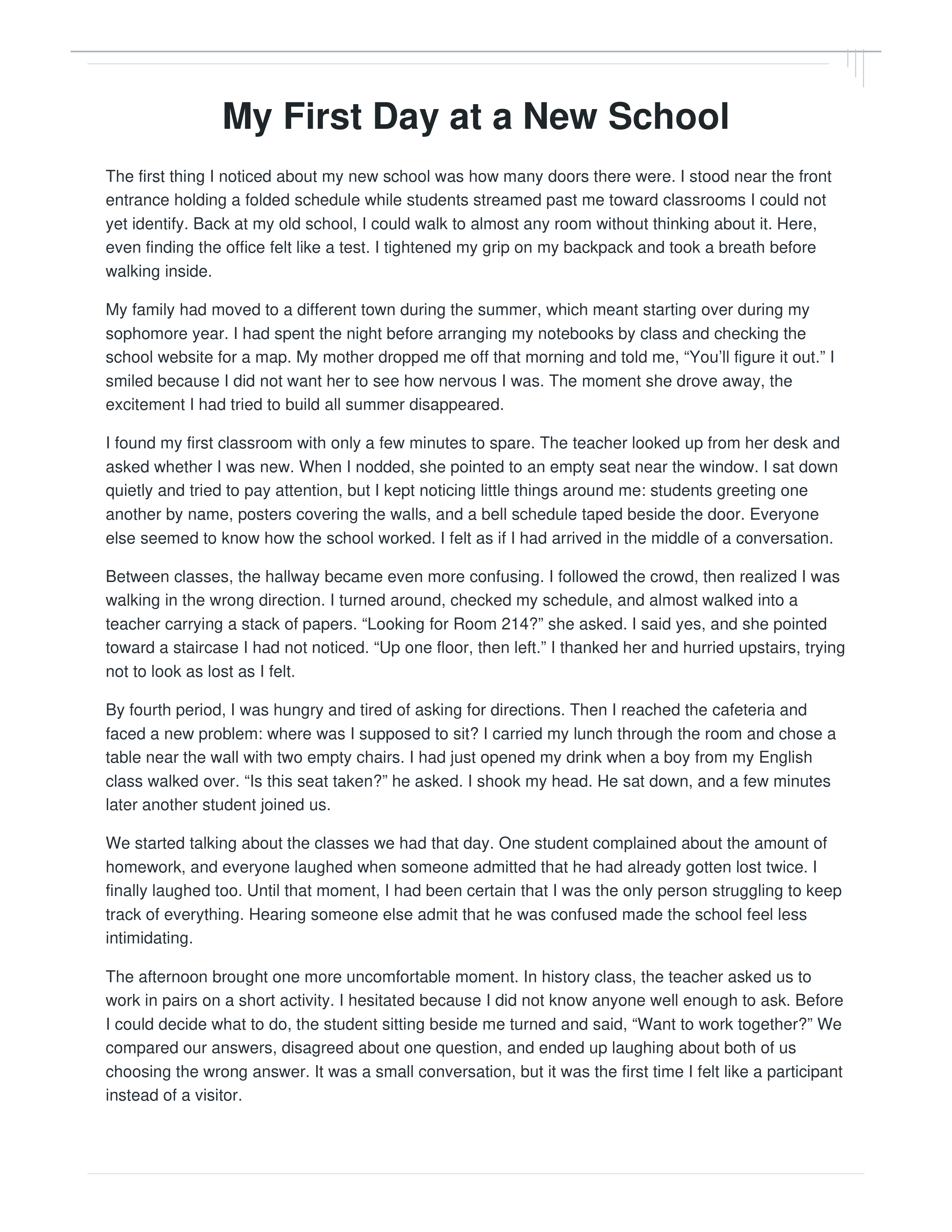 My First Day at a New School Narrative Essay — page 1