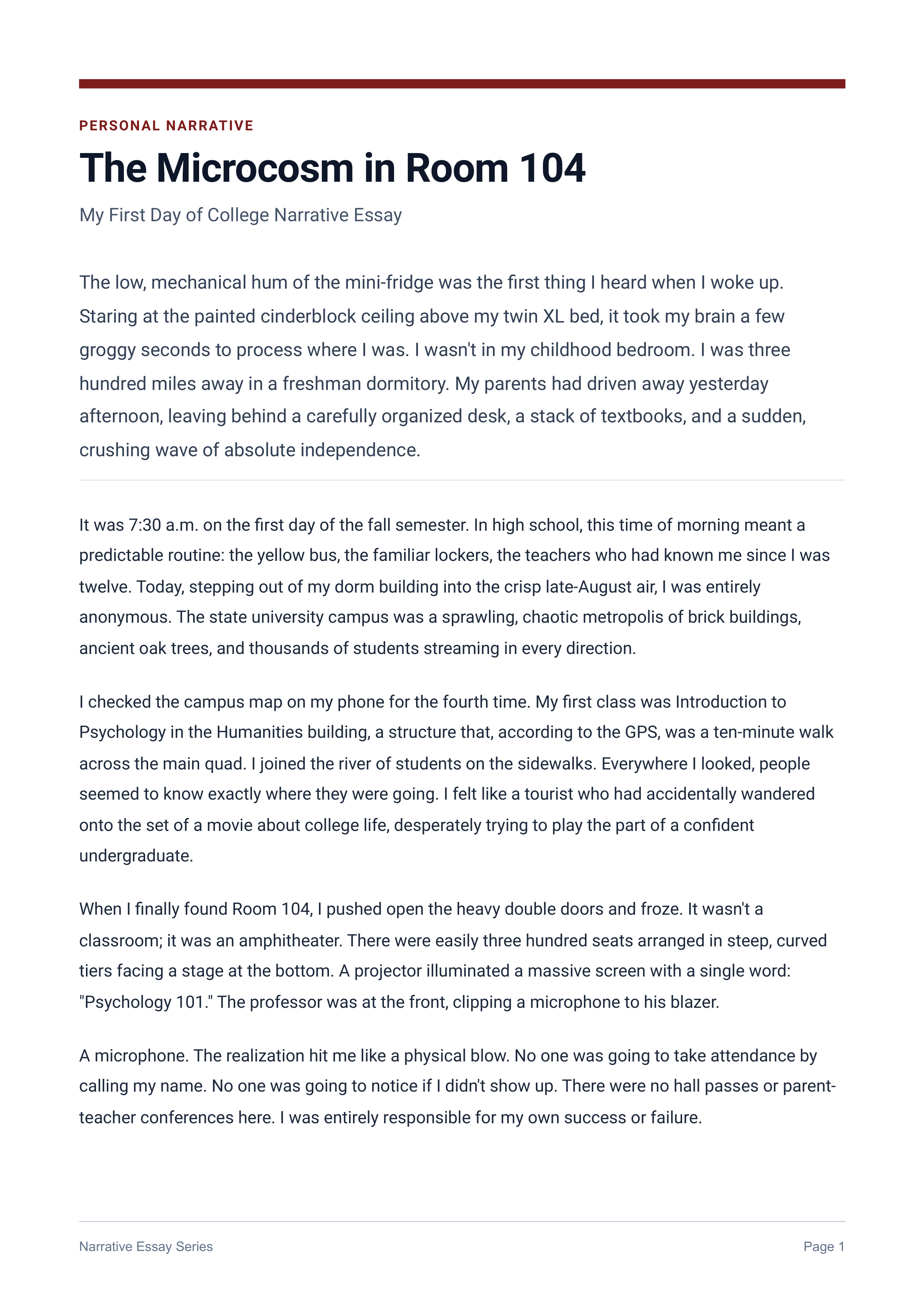 My First Day of College Narrative Essay — page 1