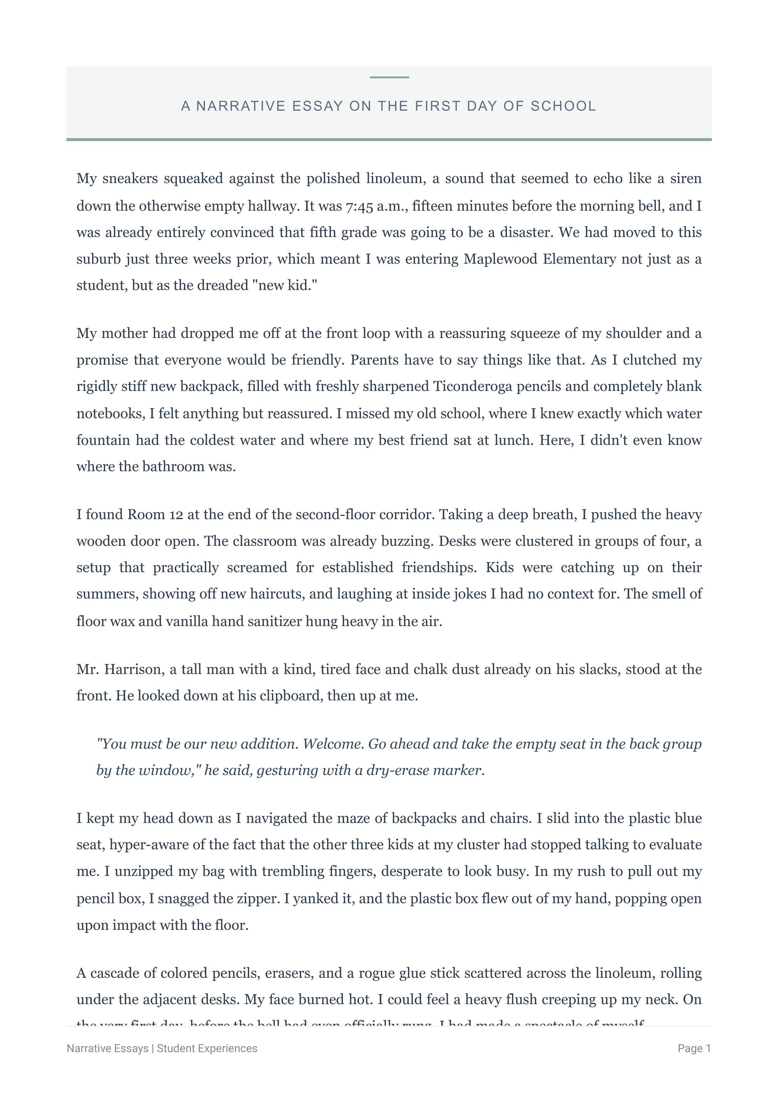 My First Day of School Narrative Essay — page 1