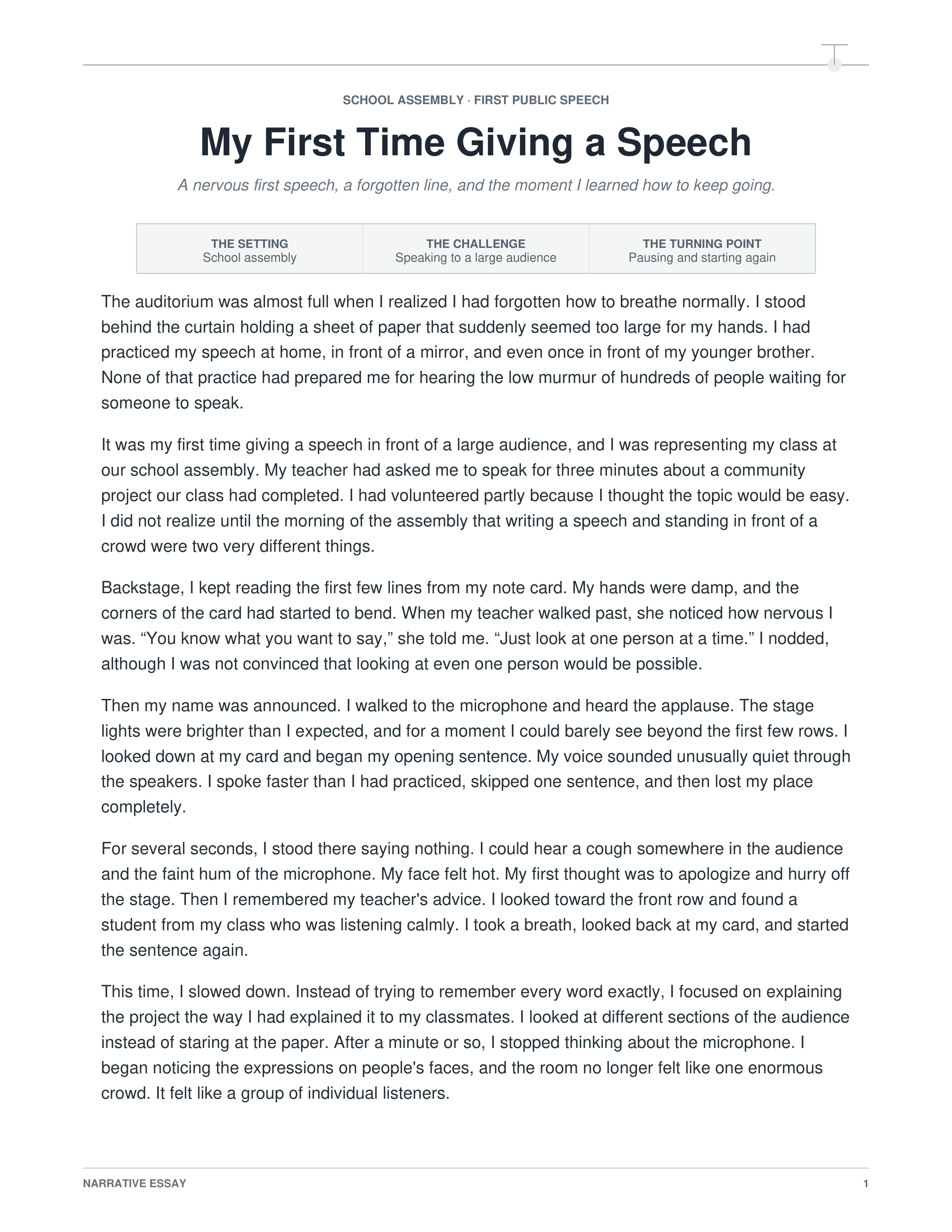 My First Time Giving a Speech Narrative Essay — page 1