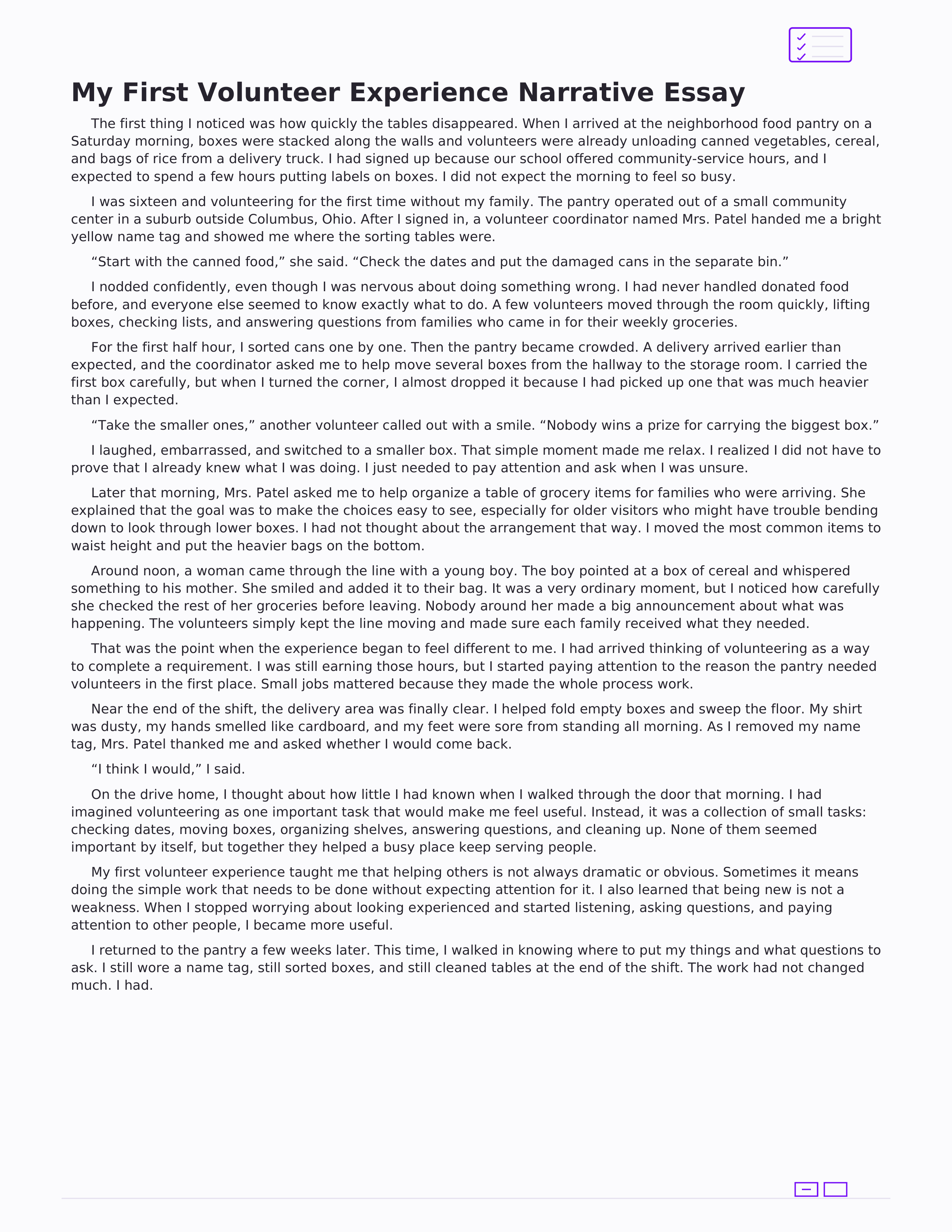 My First Volunteer Experience Narrative Essay — page 1
