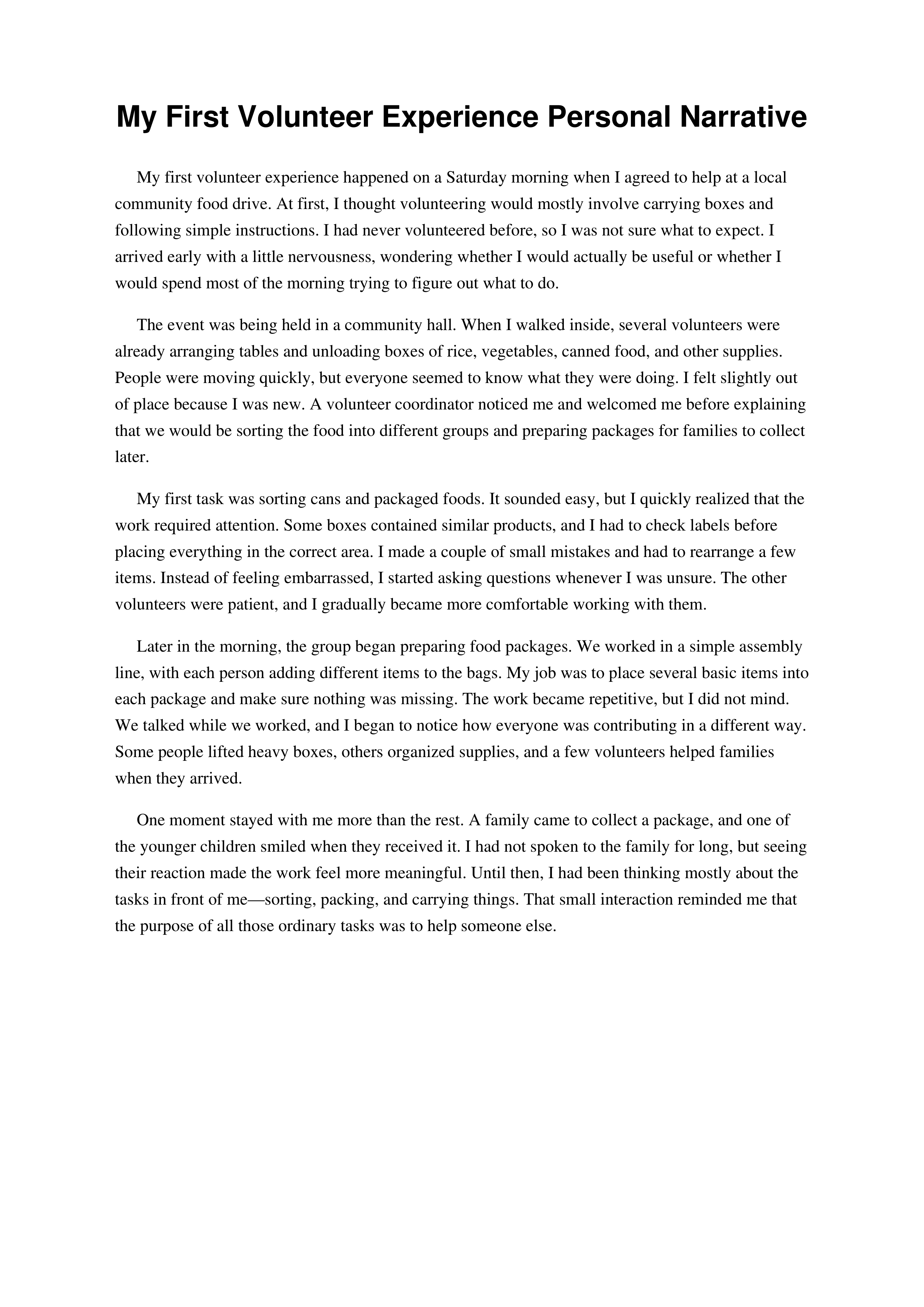 My First Volunteer Experience Personal Narrative — page 1