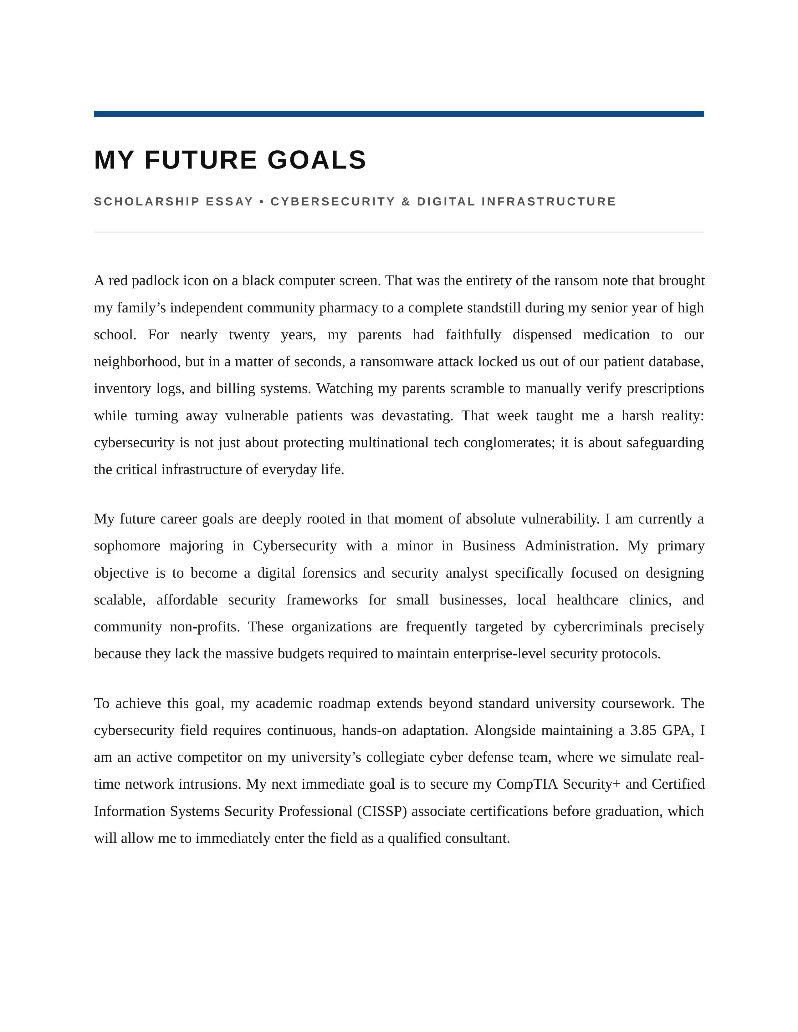 My Future Goals Scholarship Essay — page 1
