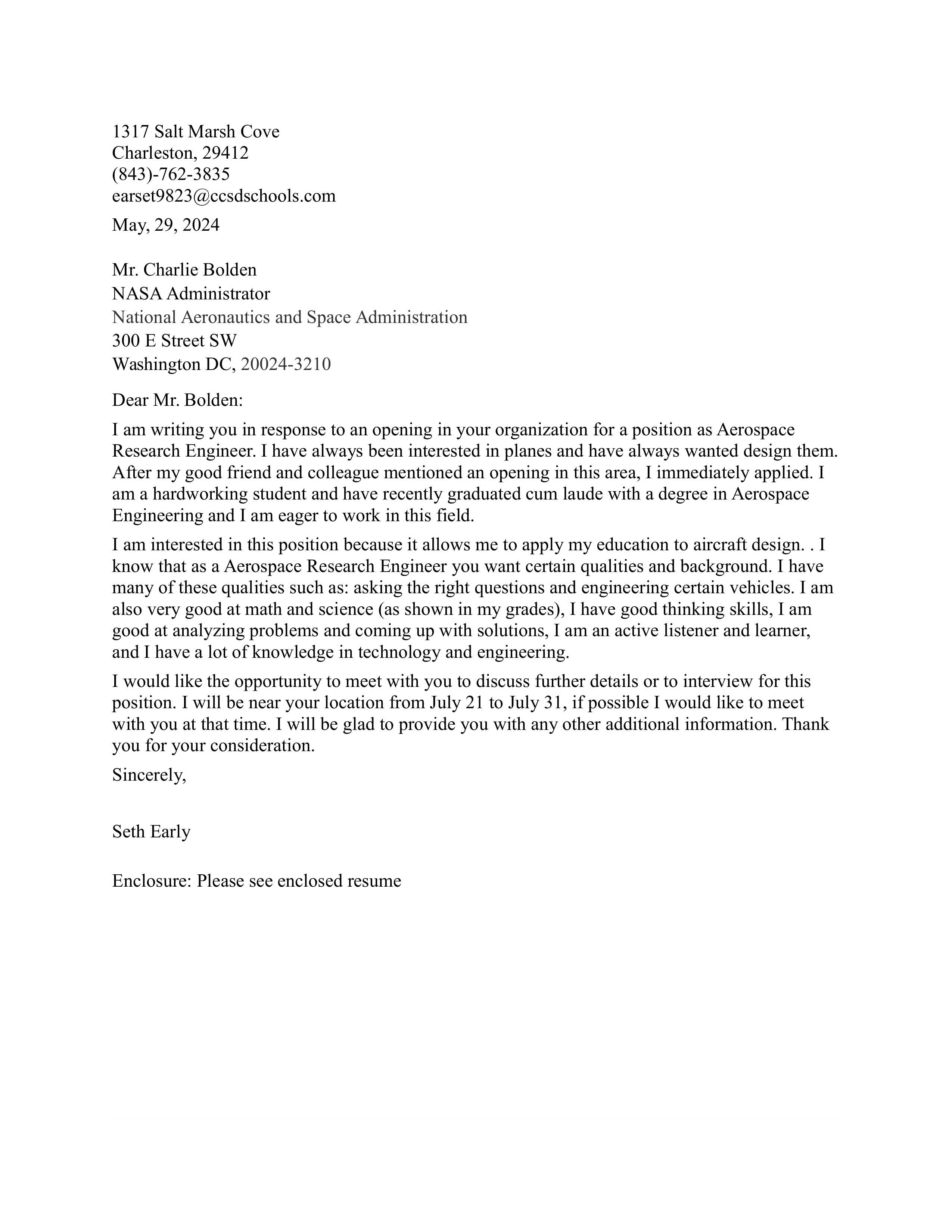 NASA Aerospace Engineer Cover Letter — page 1