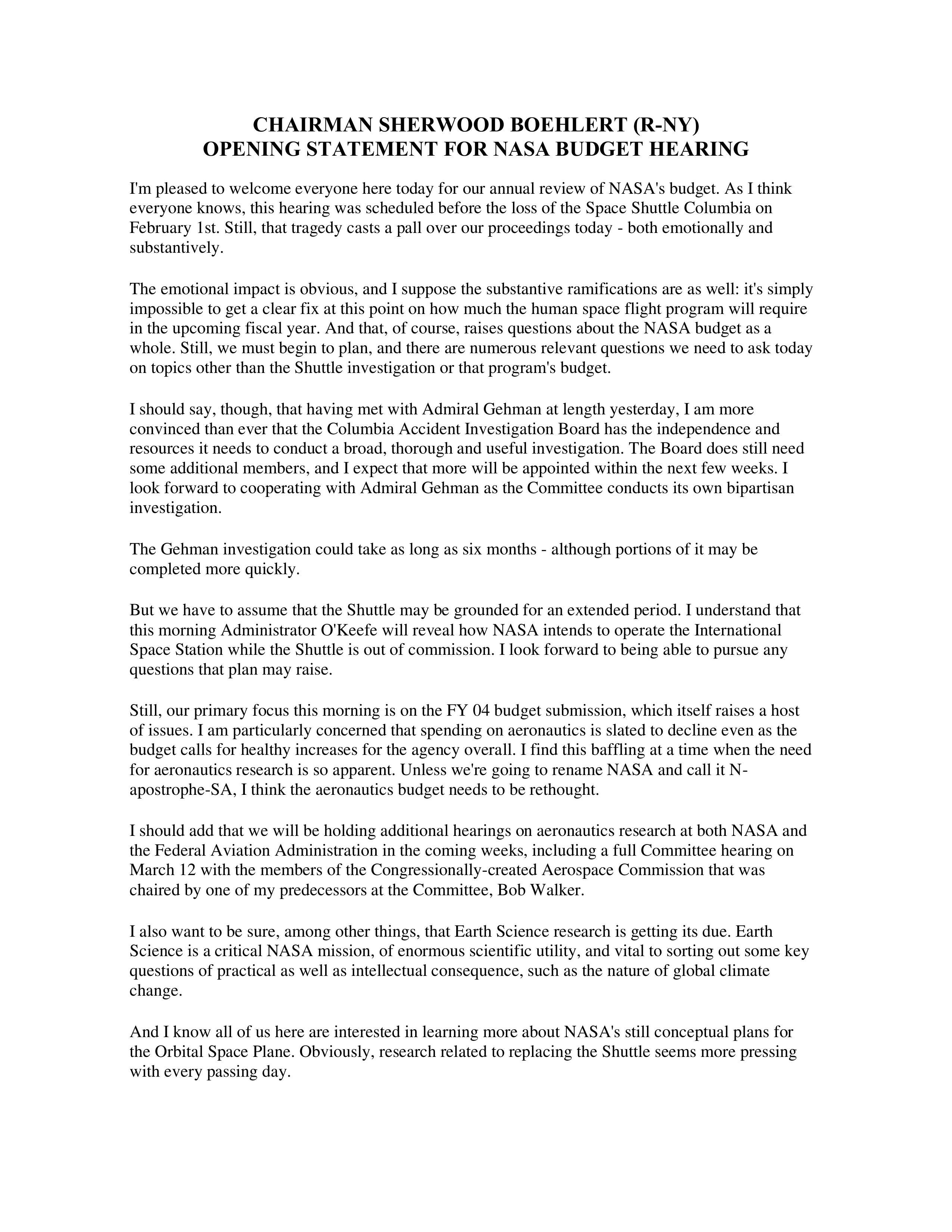 NASA Budget Hearing Opening Statement — page 1