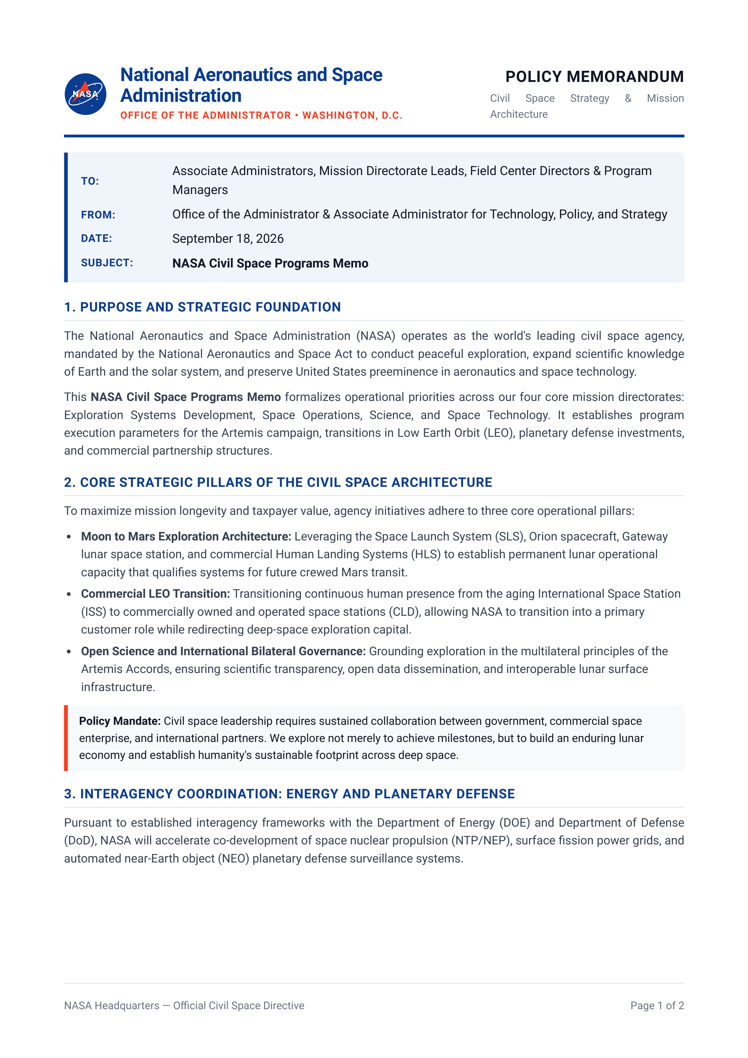 NASA Civil Space Programs Memo — page 1