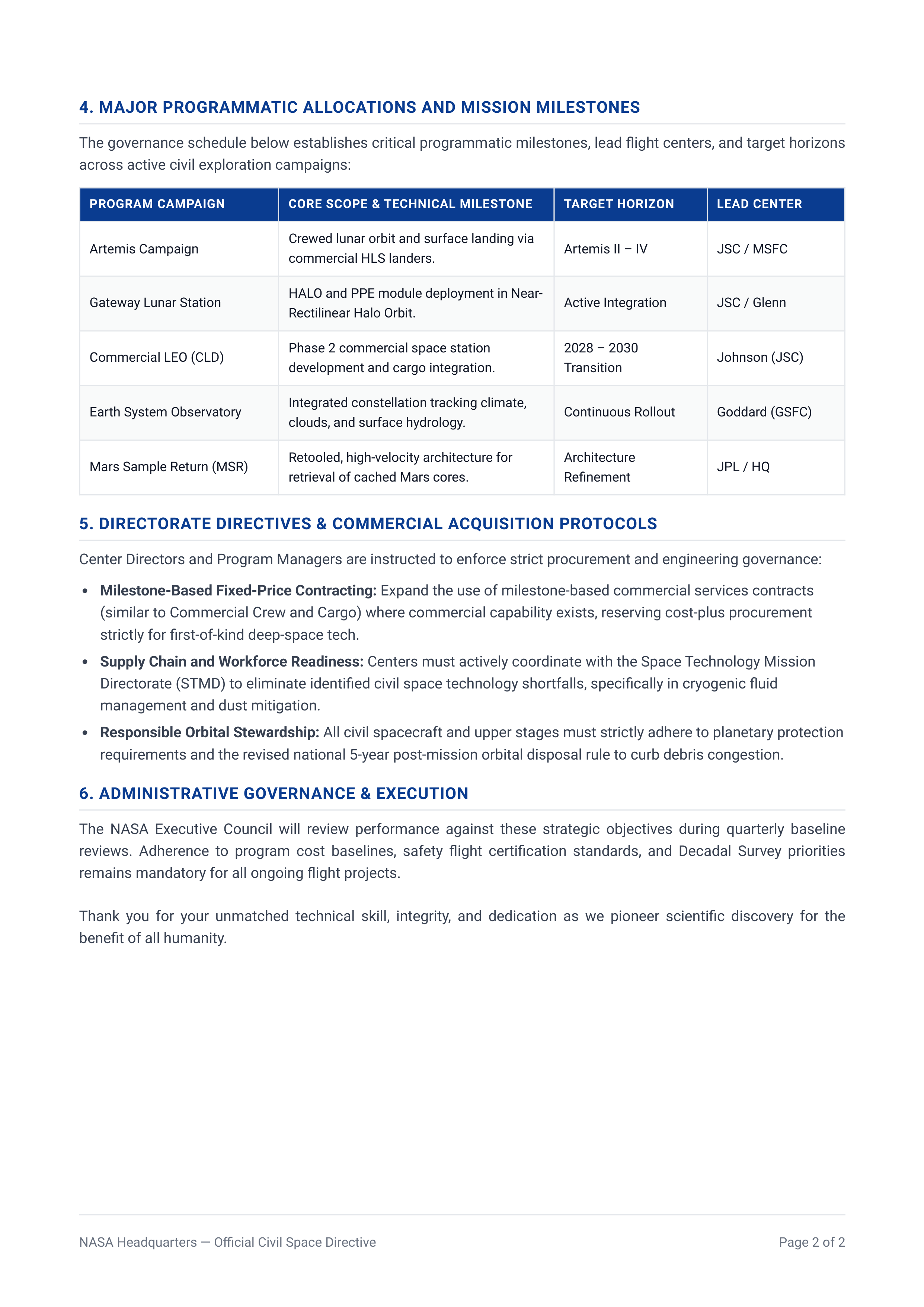 NASA Civil Space Programs Memo — page 2