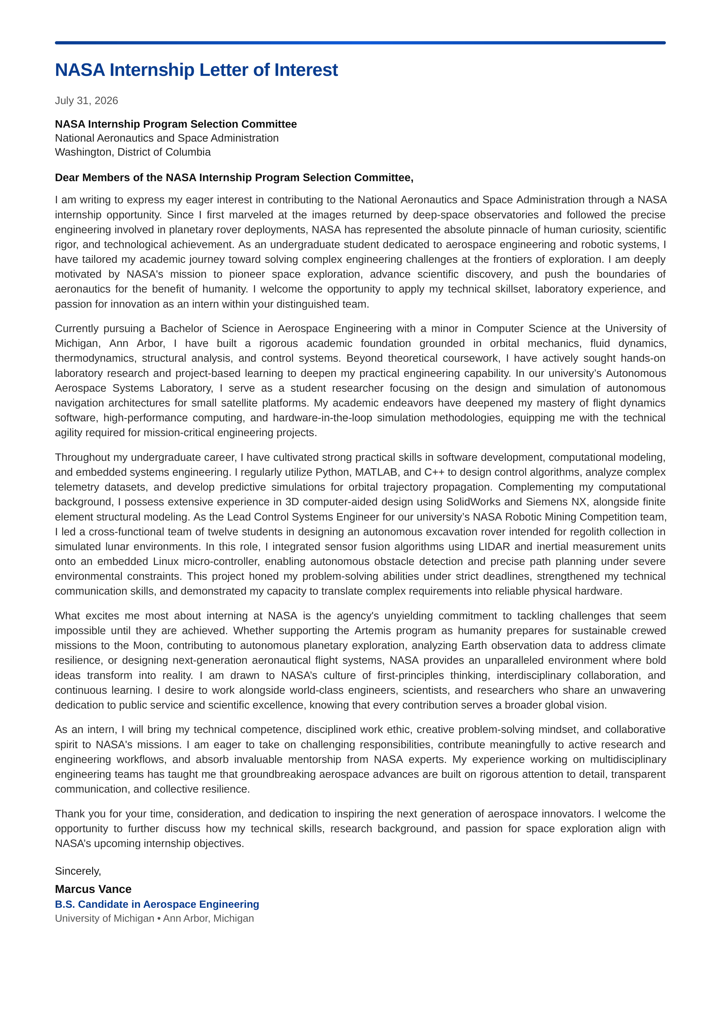 NASA Internship Letter of Interest — page 1