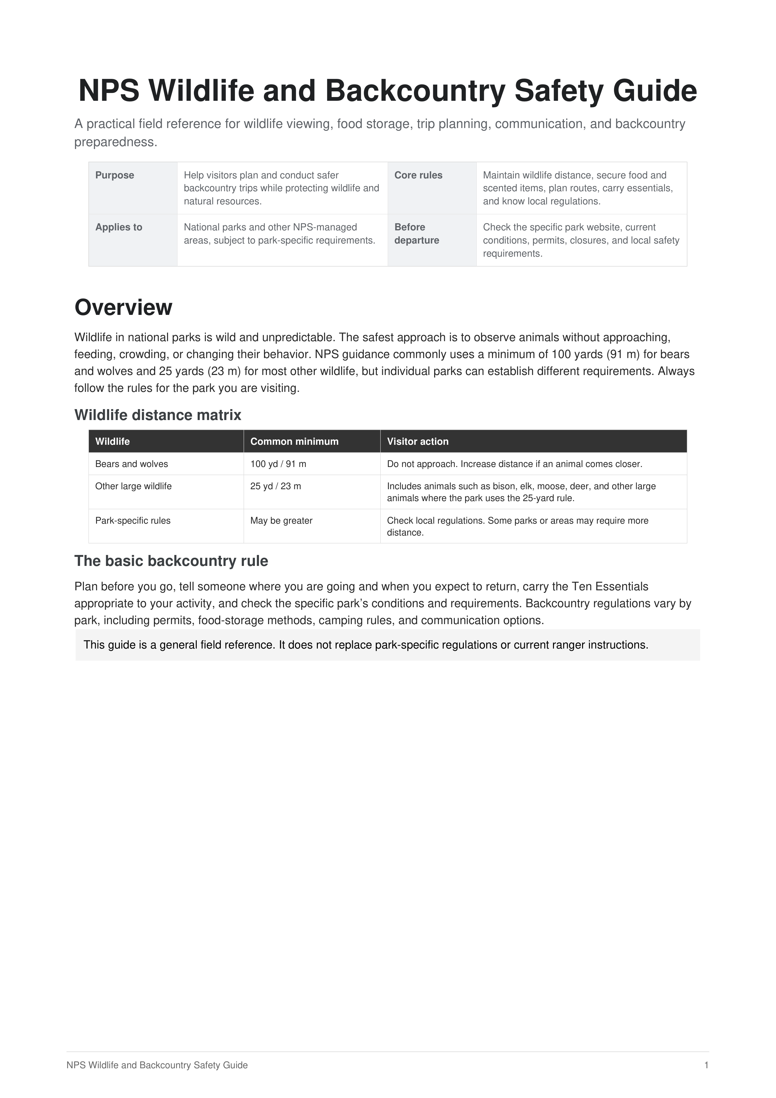 NPS's Wildlife and Backcountry Safety Guide — page 1