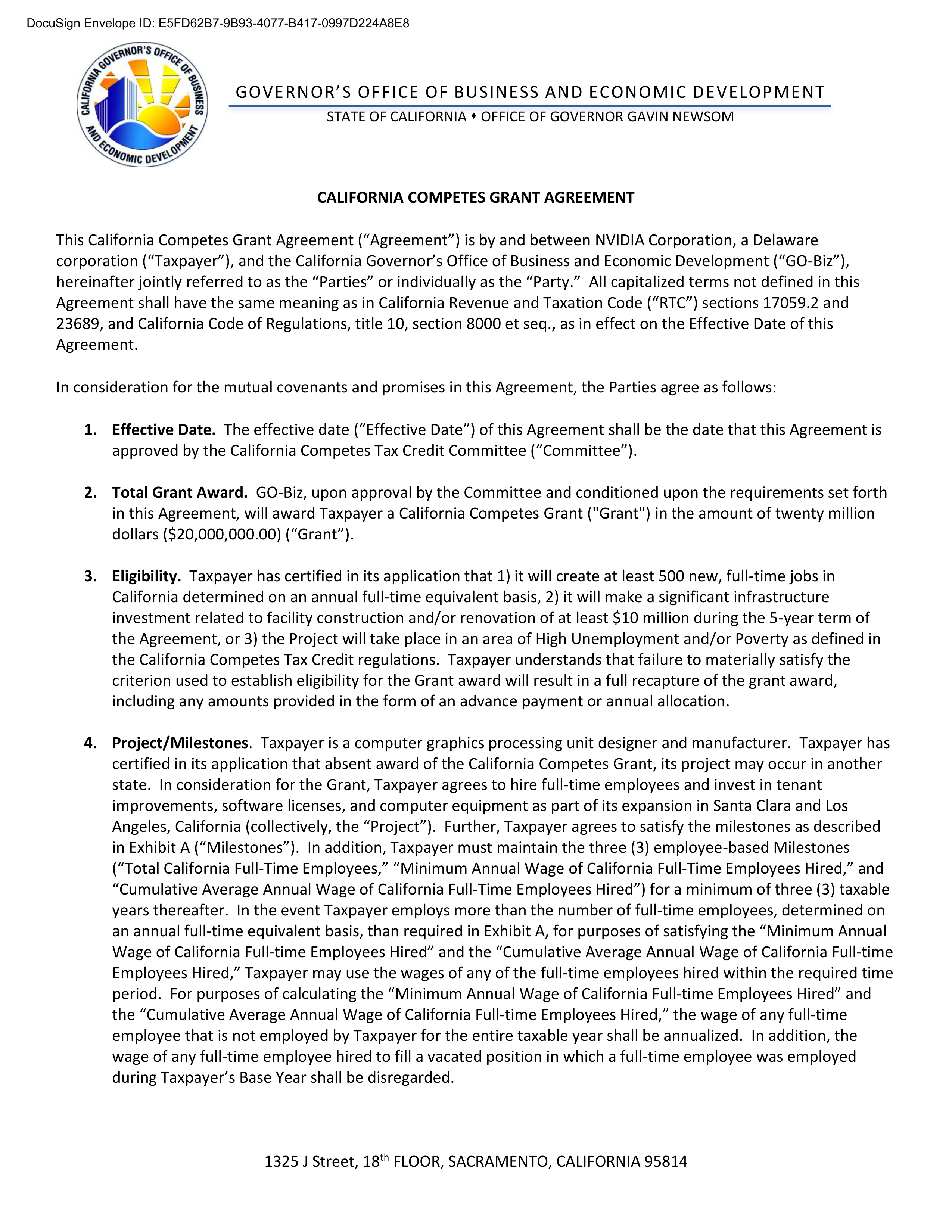 NVIDIA CALIFORNIA COMPETES GRANT AGREEMENT — page 1
