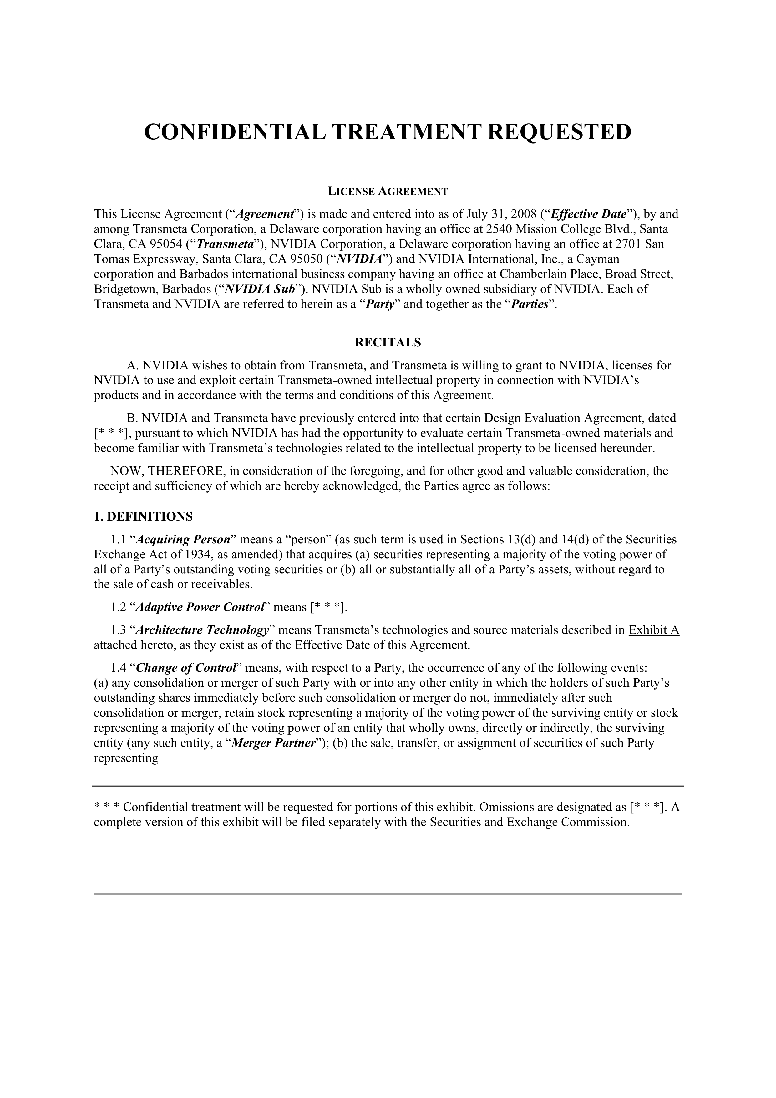 NVIDIA CORPORATION CONFIDENTIAL TREATMENT REQUESTED — page 1