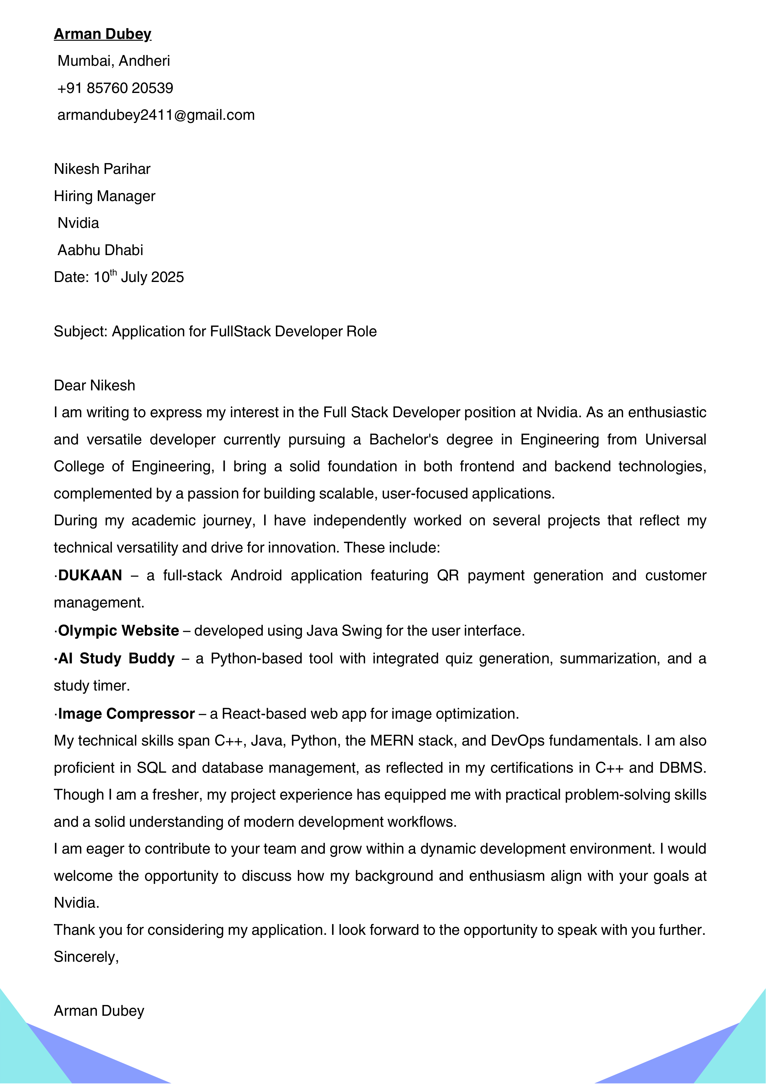 NVIDIA Full-Stack Developer Cover Letter — page 1