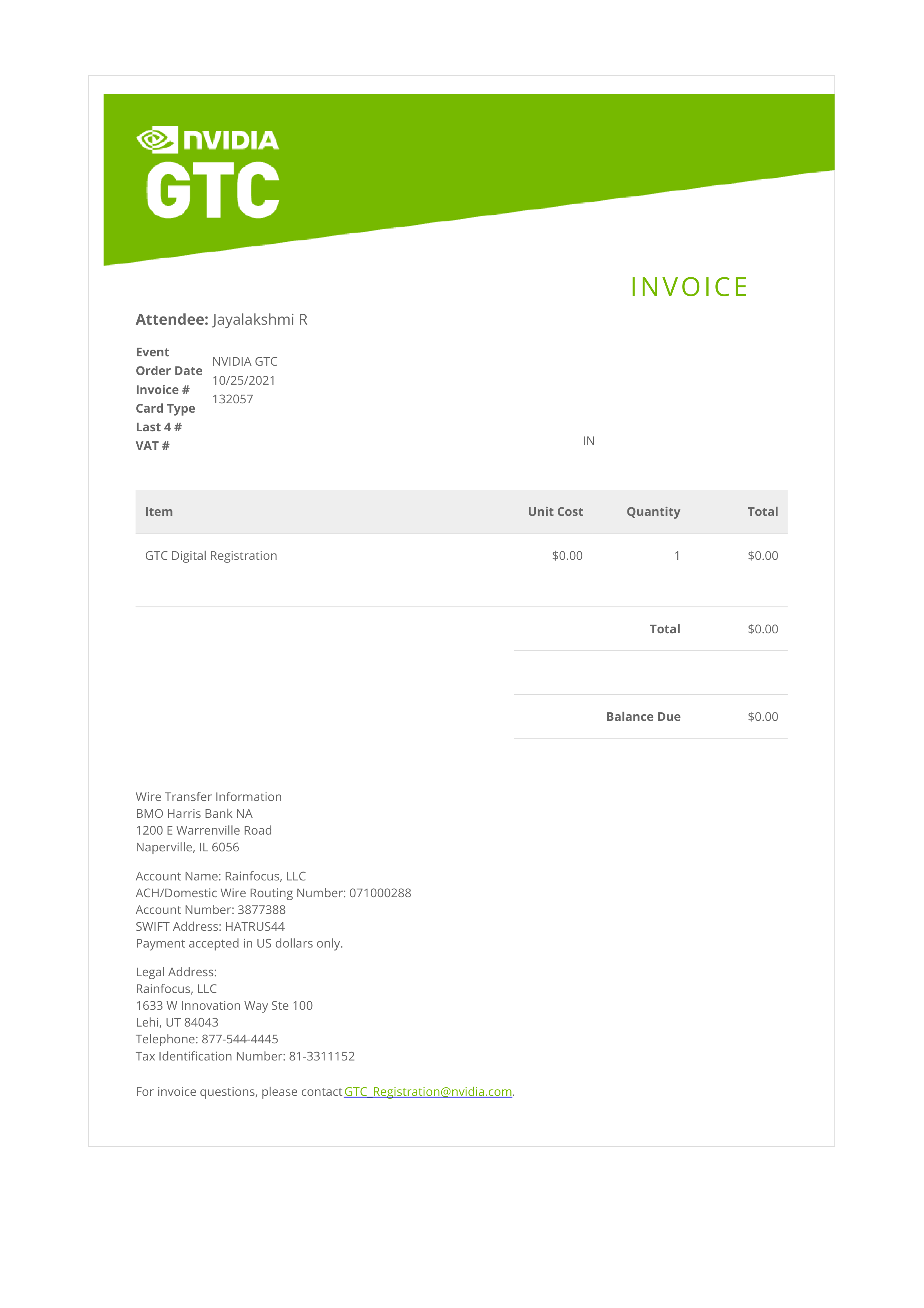 NVIDIA GTC Registration Invoice — page 1