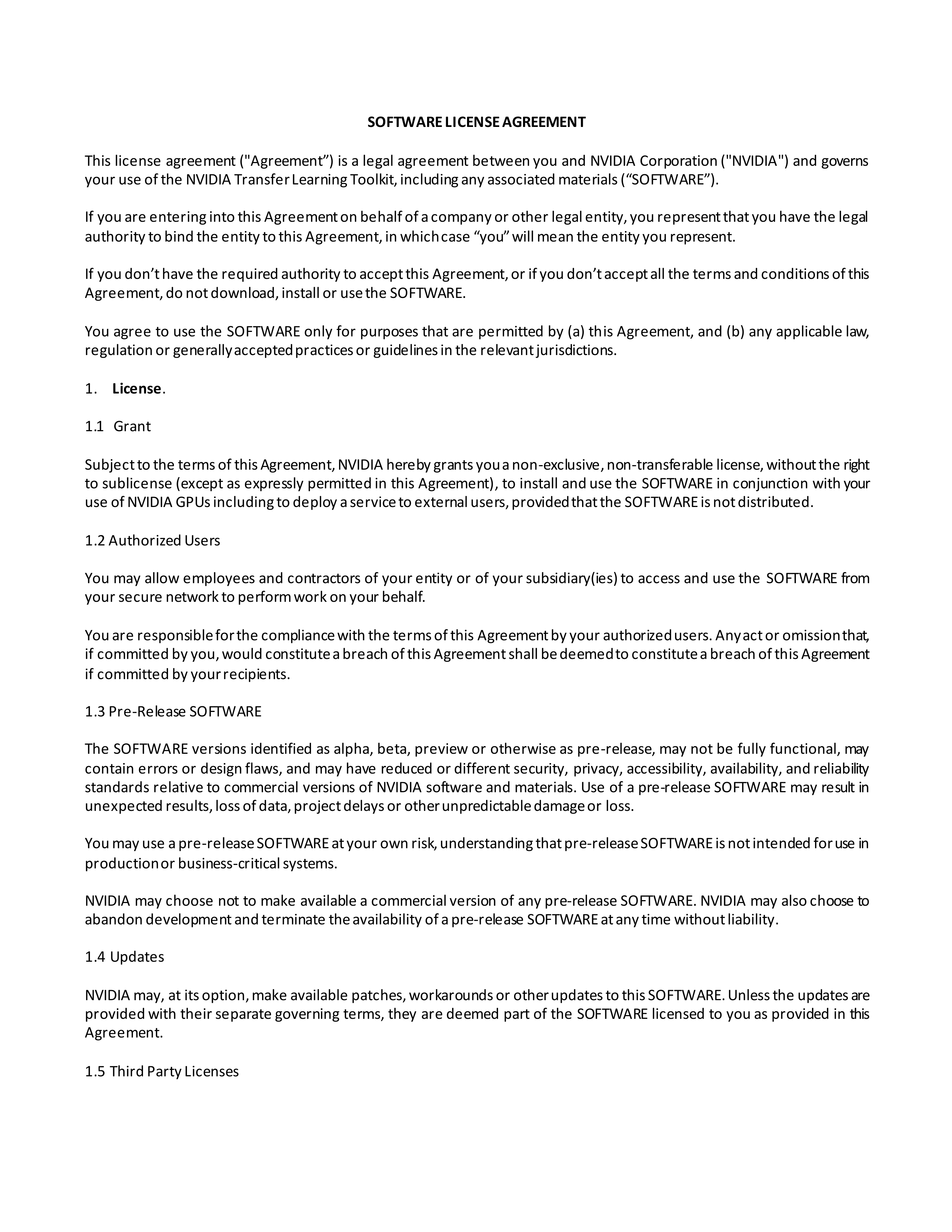 NVIDIA Software License Agreement — page 1