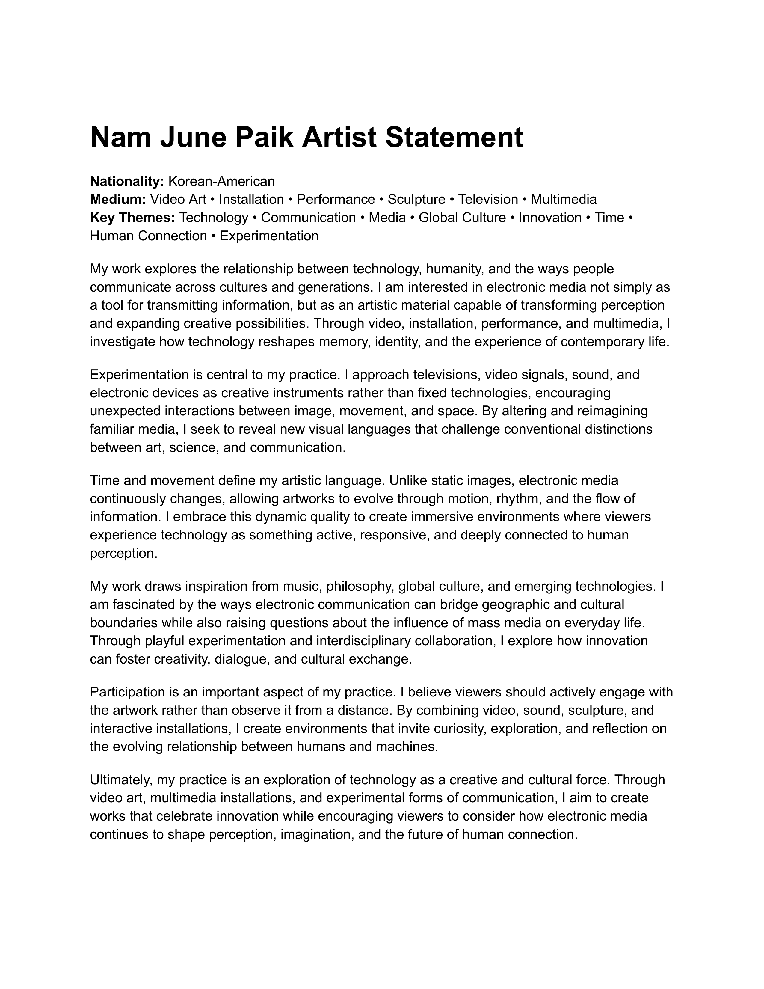Nam June Paik Artist Statement — page 1