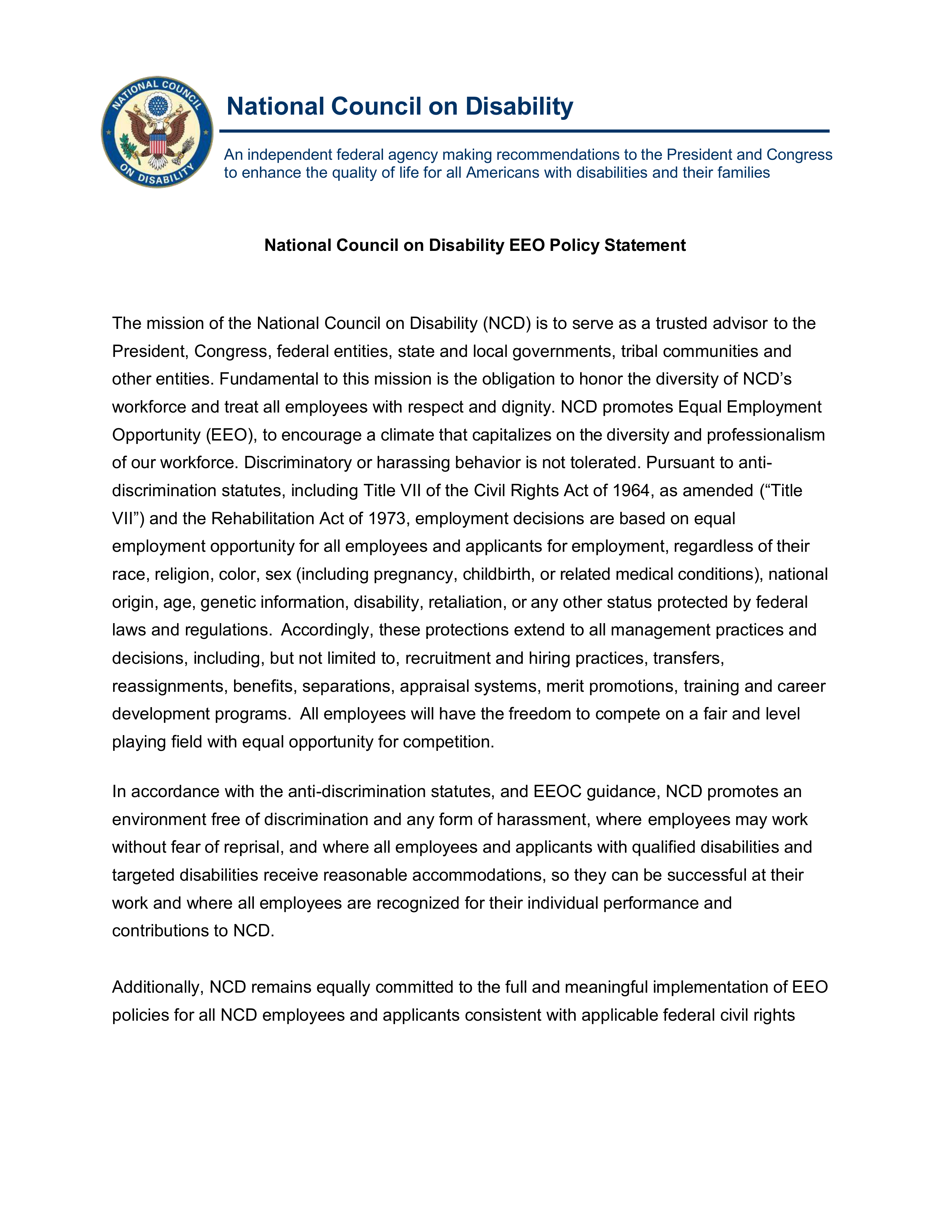National Council on Disability EEO Policy Statement — page 1