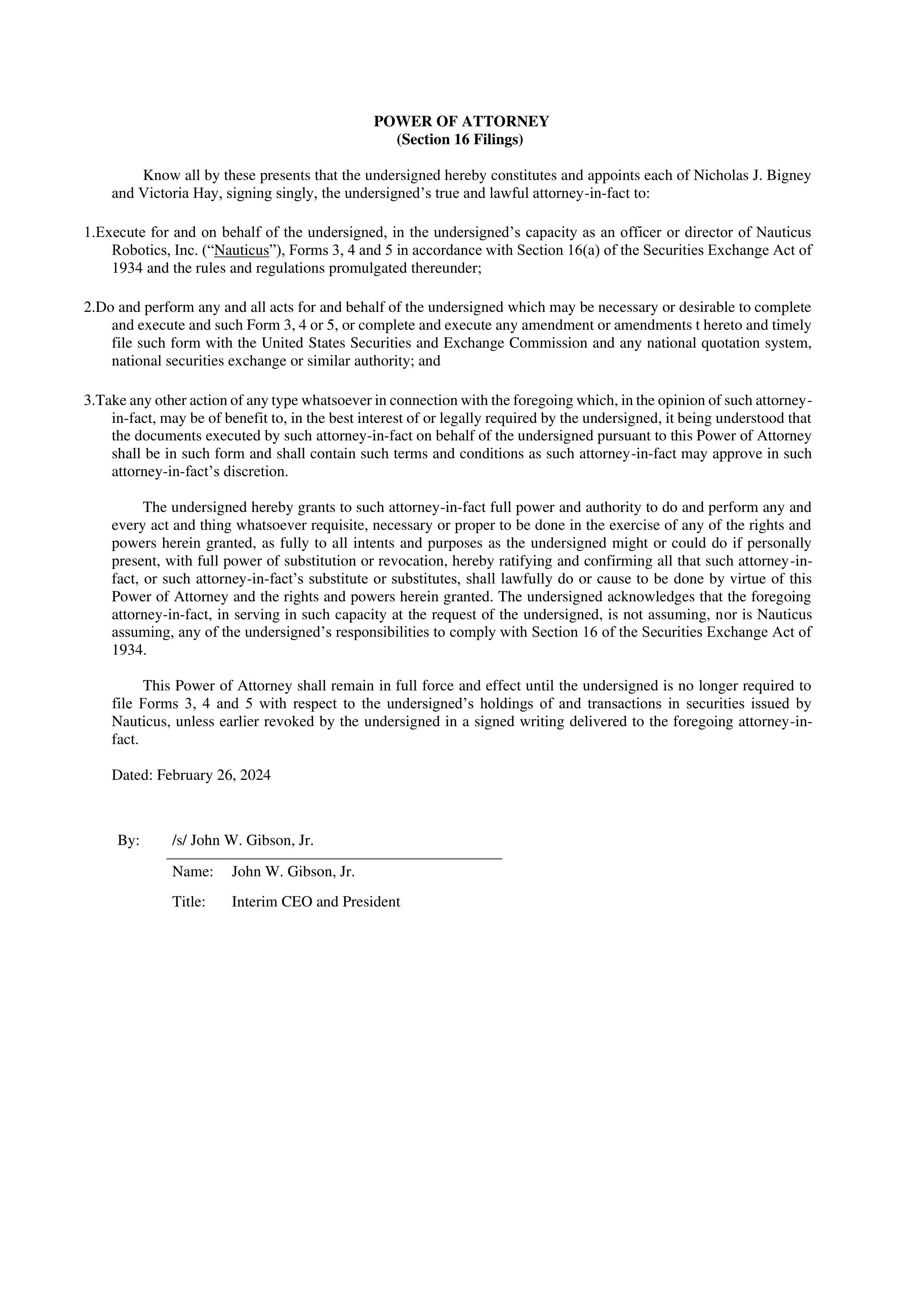 Nauticus Robotics Power of Attorney — page 1