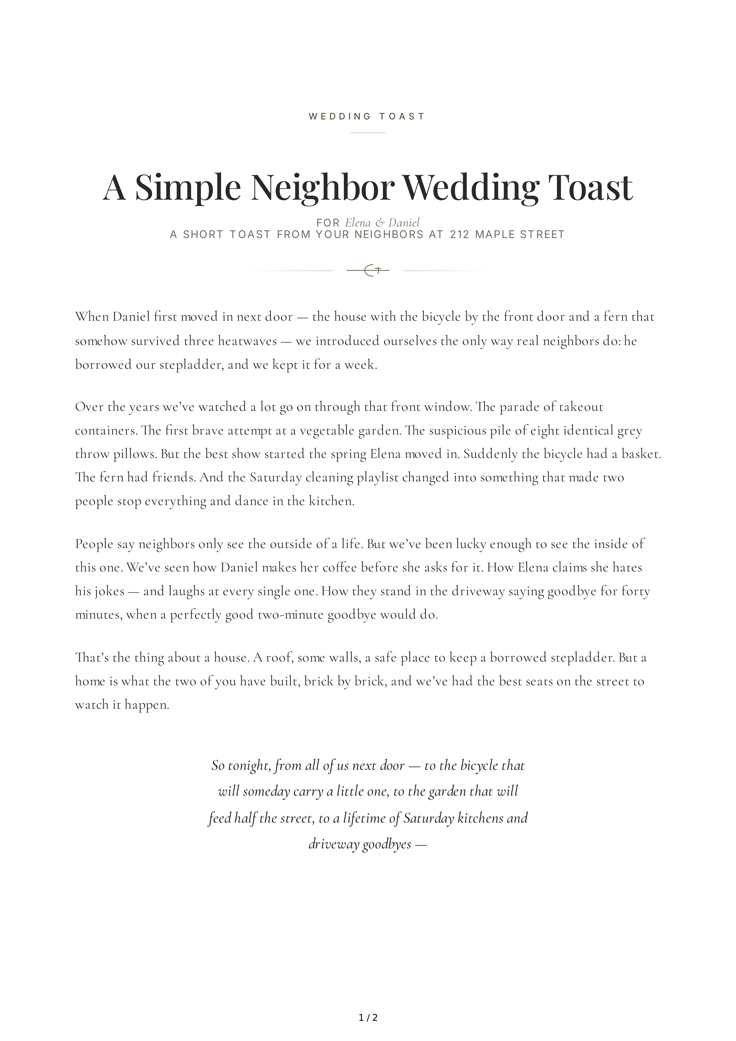 Neighbor Wedding Toast — page 1
