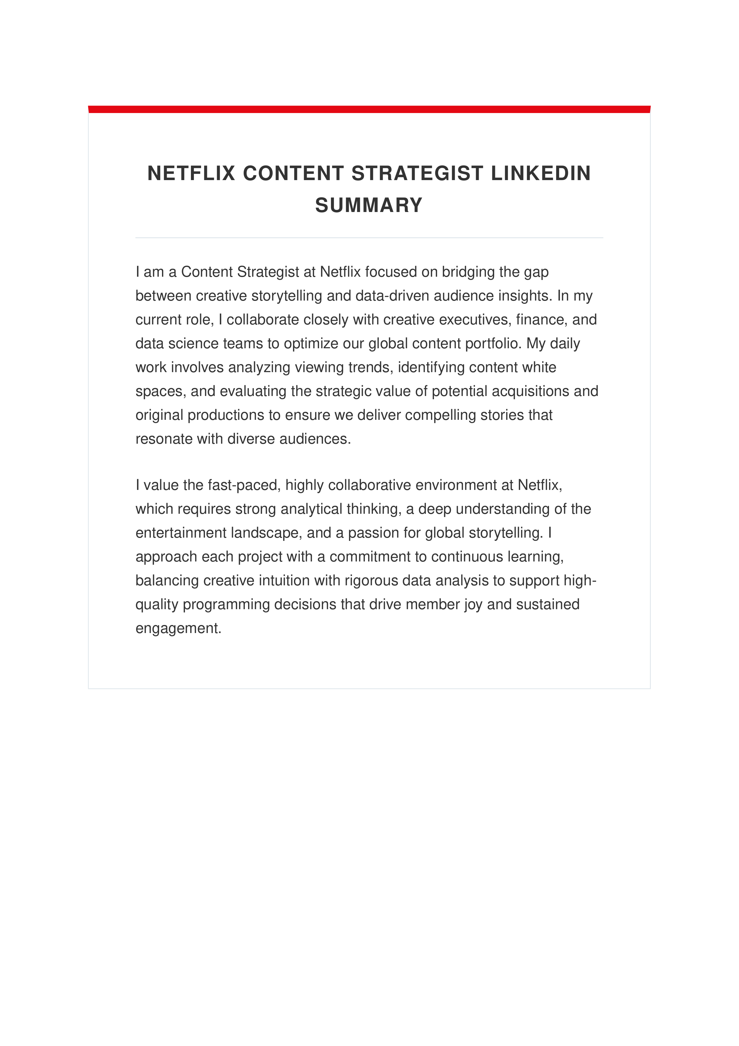 Netflix Content Strategist LinkedIn Summary — page 1