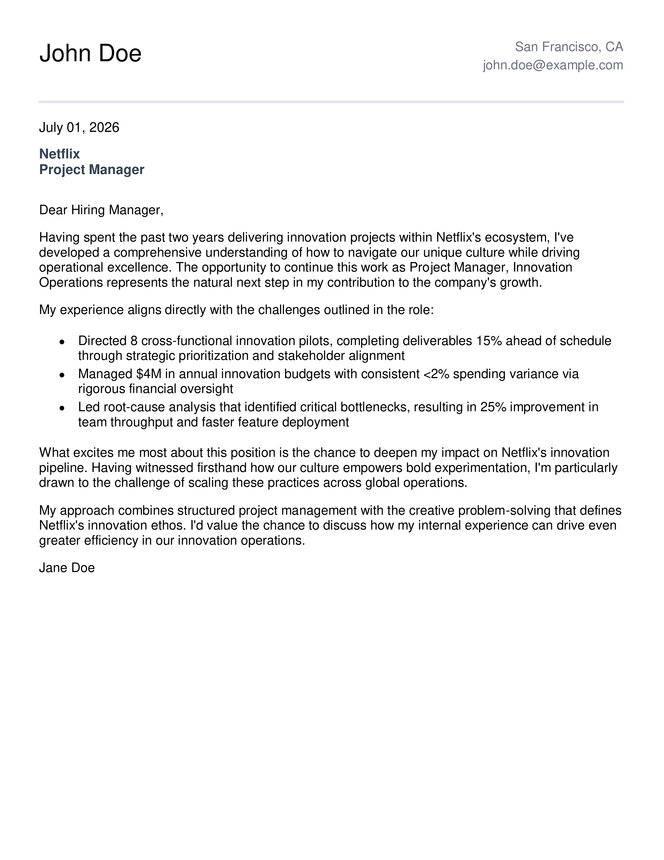 Netflix Project Manager Cover Letter — page 1